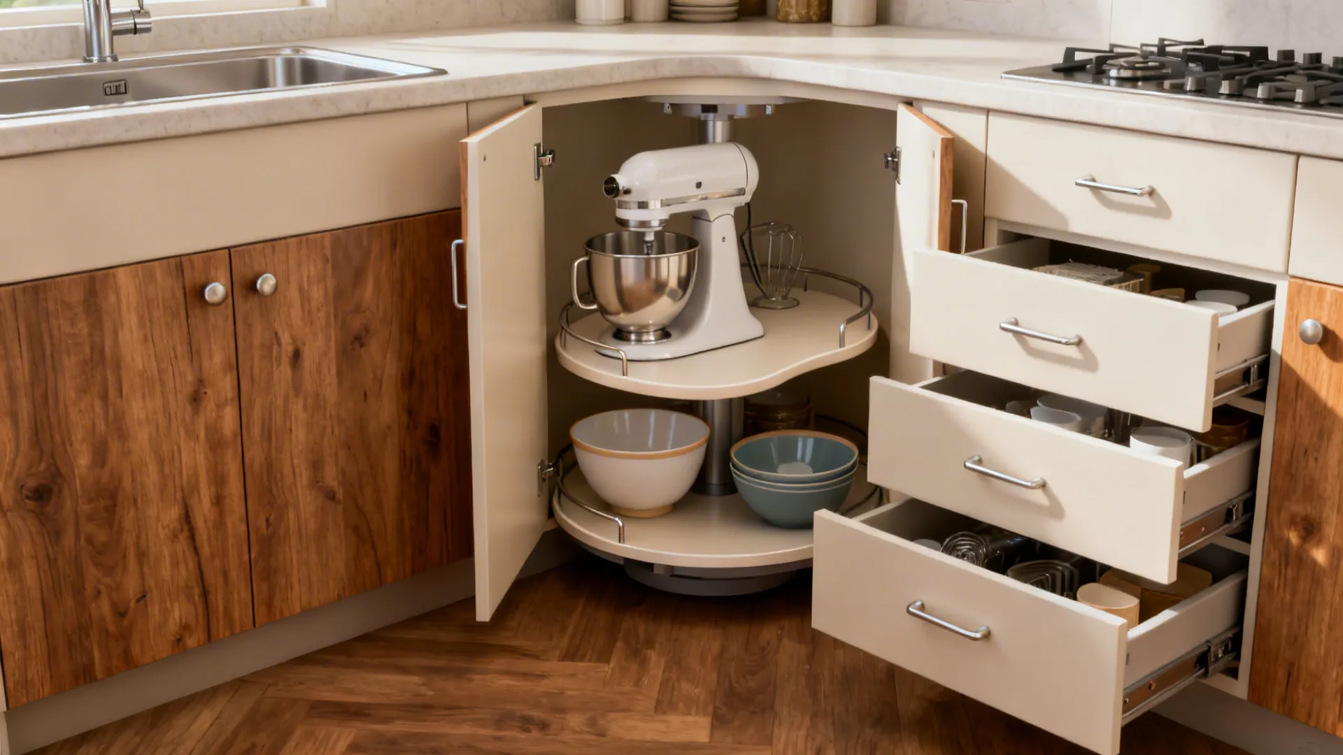 Corner-smart solutions: blind-corner pull-outs and round turntables