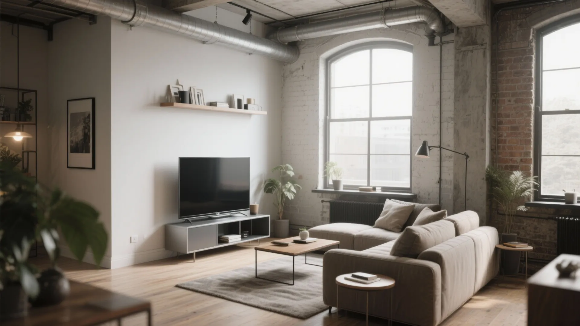 Industrial living room with brick walls grey sofa wood floor and large white arched windows
