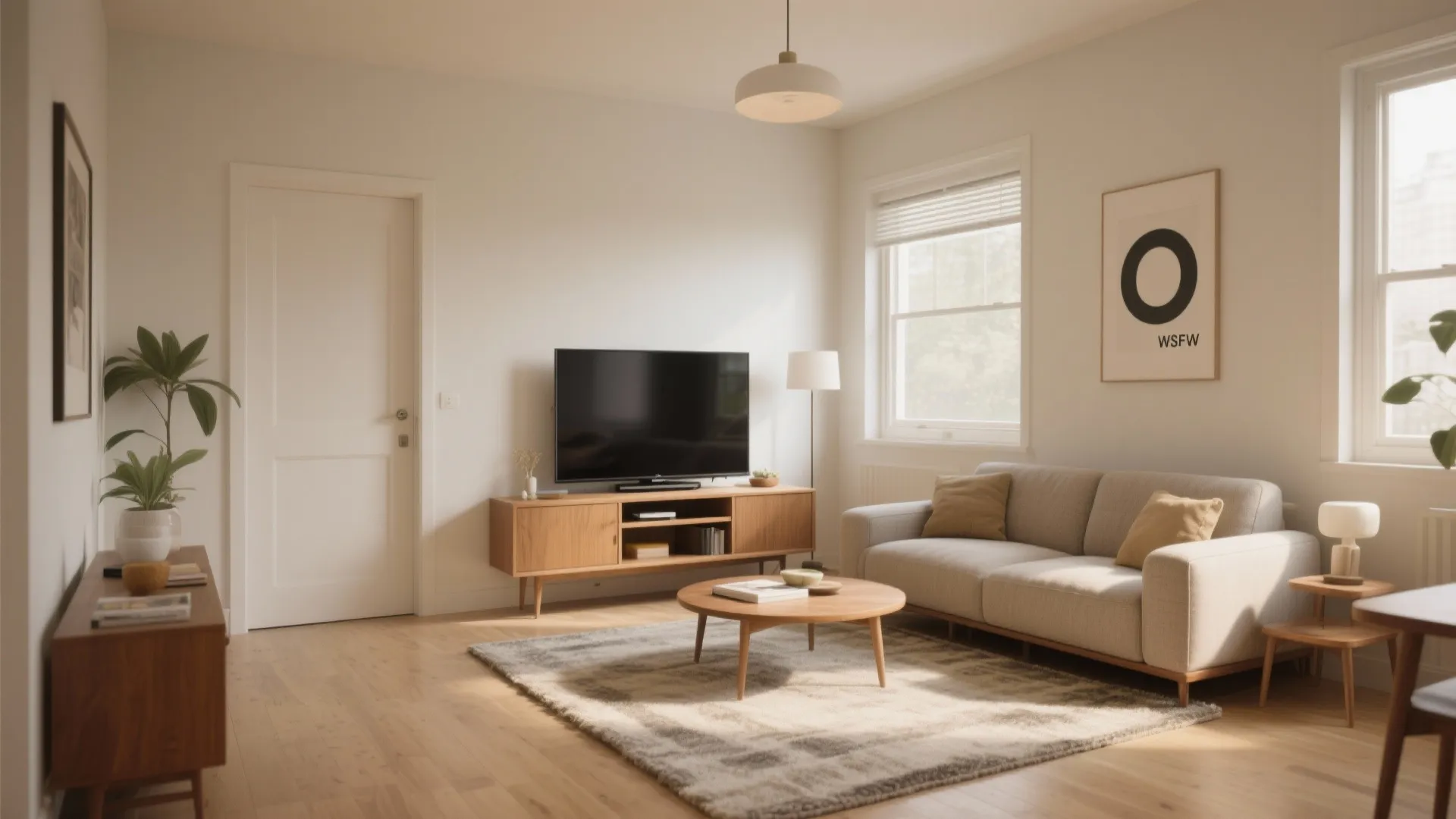 Modern living room with wooden cabinet television grey sofa round coffee table and natural light