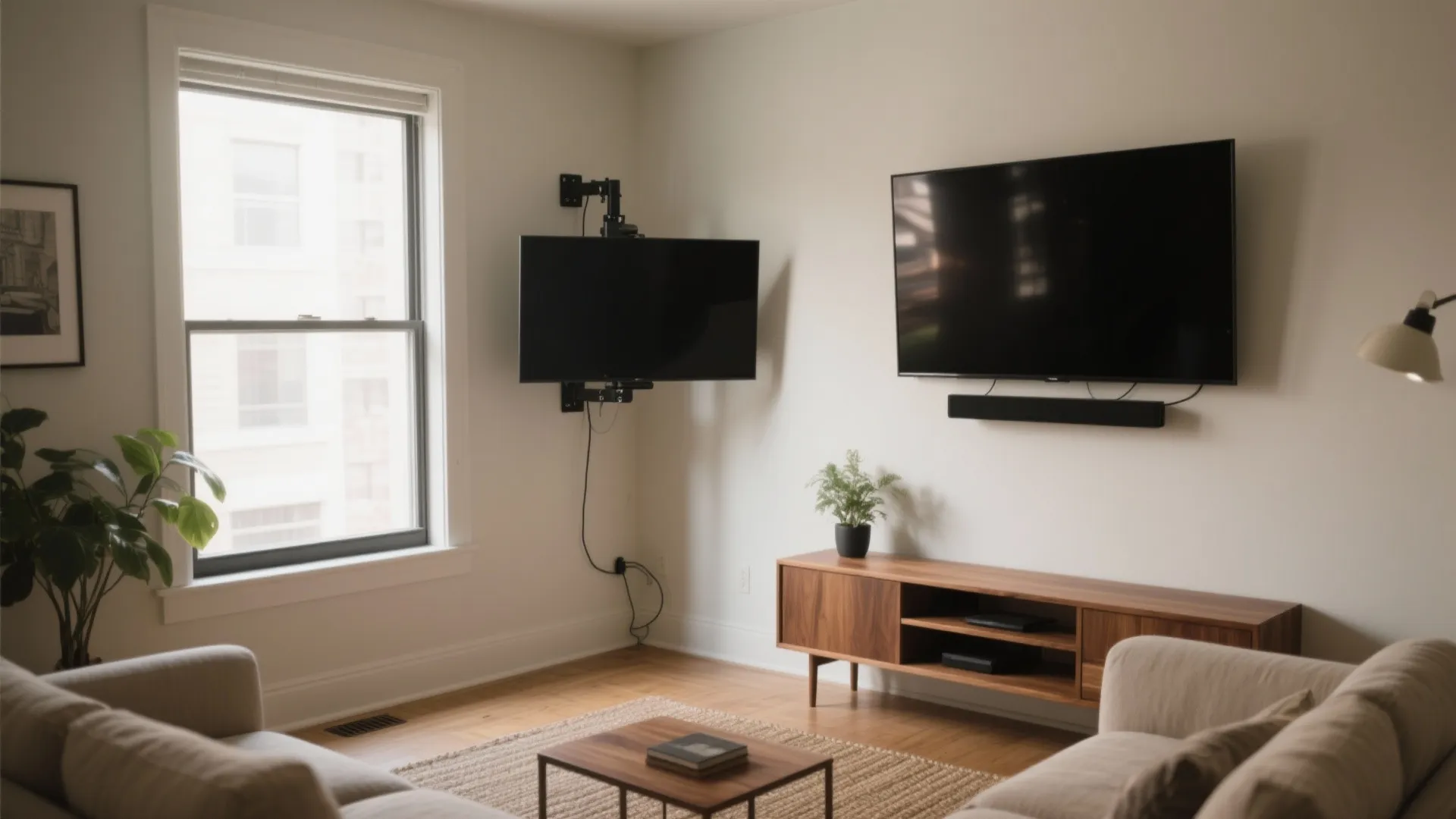 Living room featuring a corner wall mounted television next to a window and wooden unit