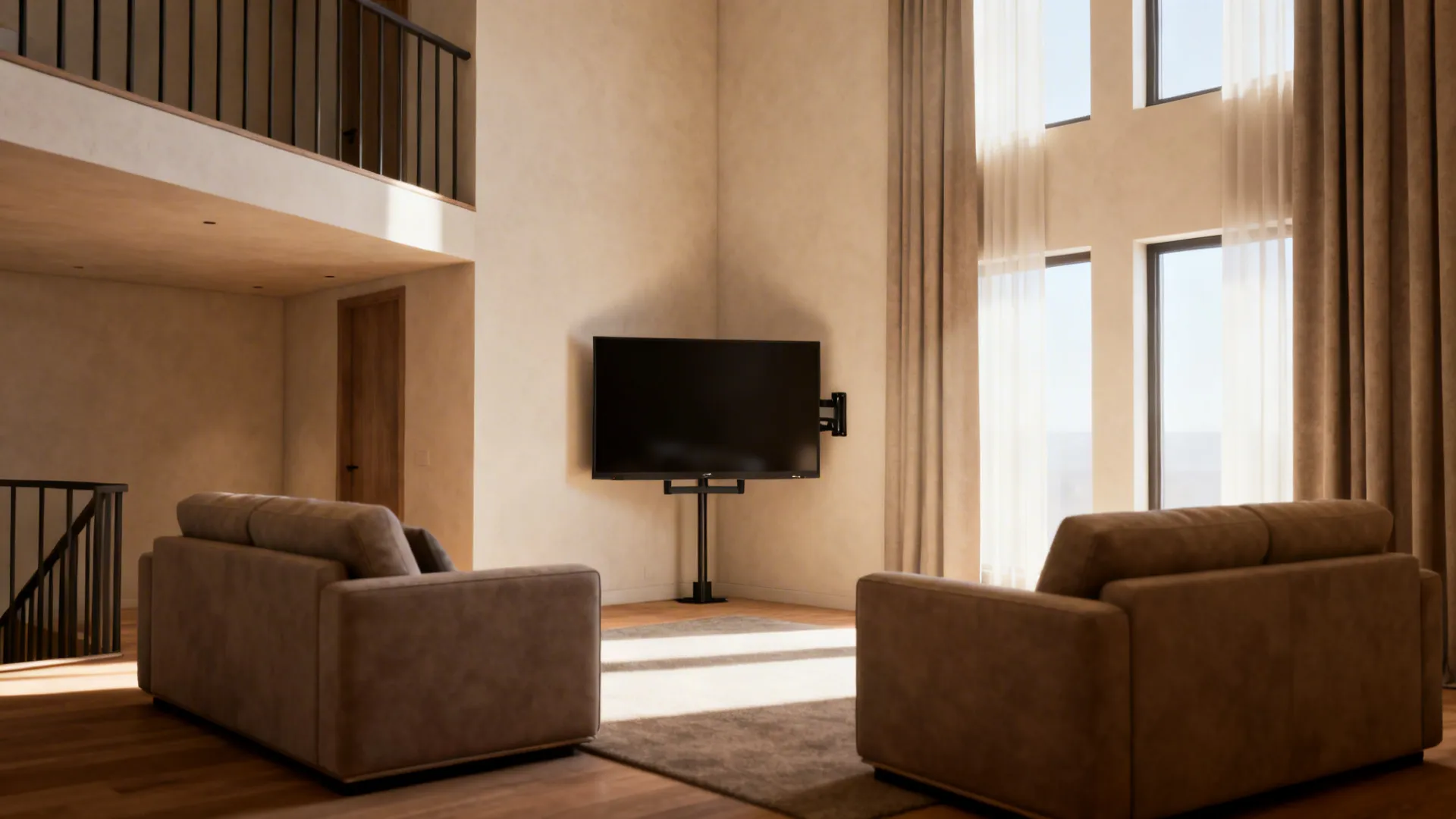 Corner-mounted 50 inch TV in a loft living room creating a cozy viewing triangle.