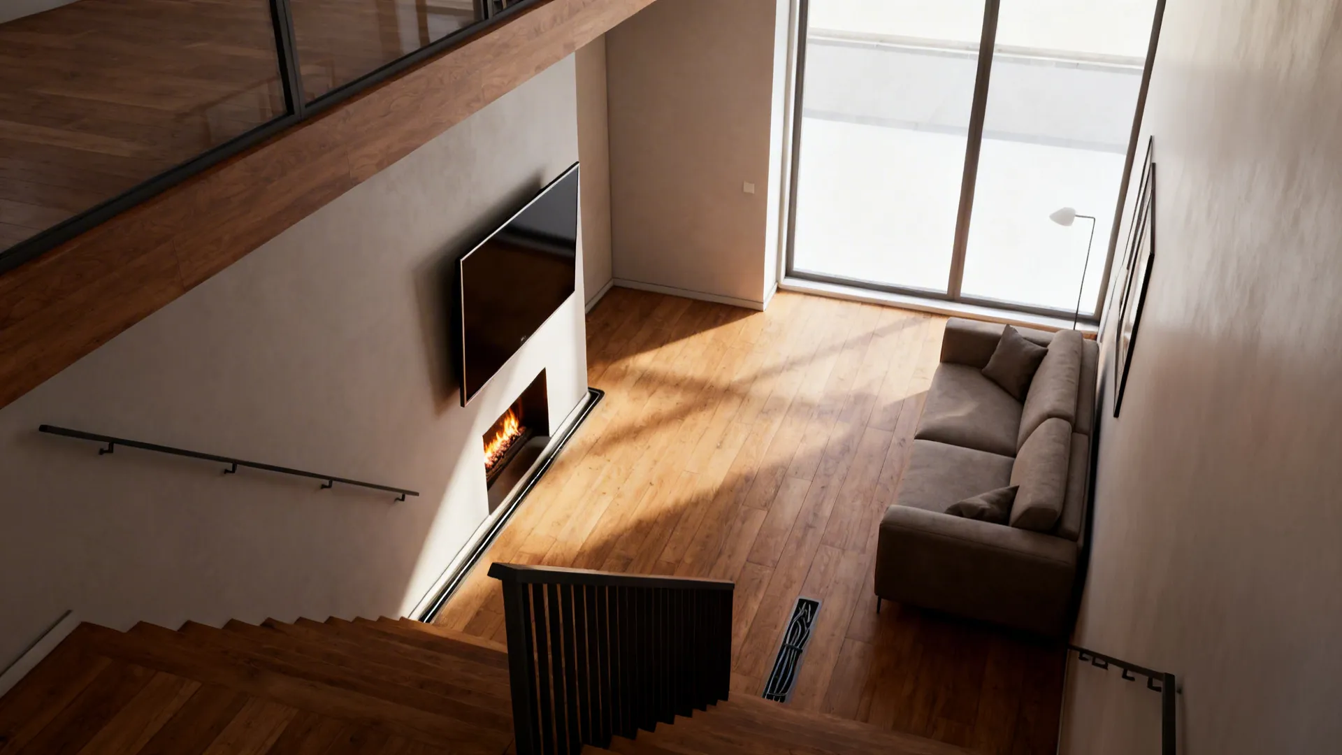 Narrow loft with a TV mounted in the corner angled toward seating and a short-wall fireplace.
