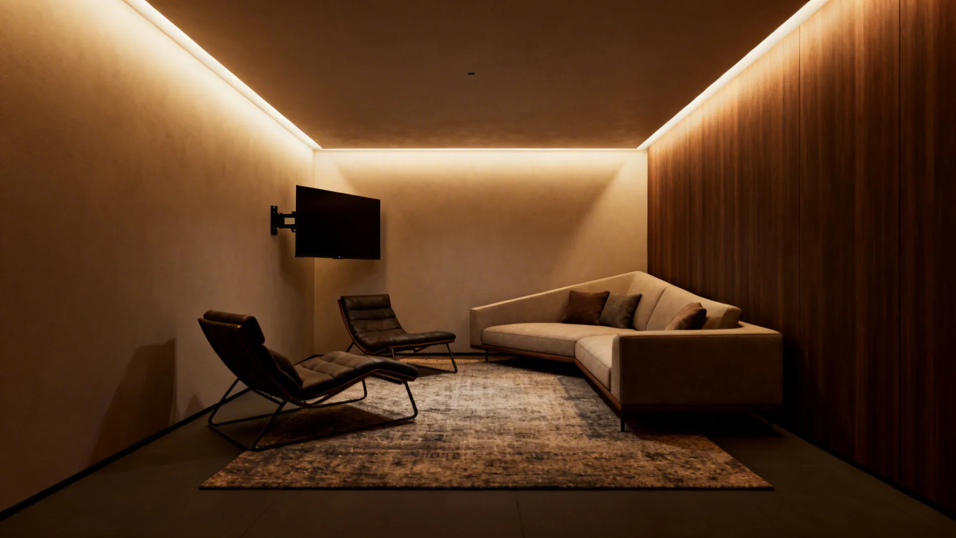 Minimalist living room with wall mounted tv corner sofa leather chairs rug and hidden lights