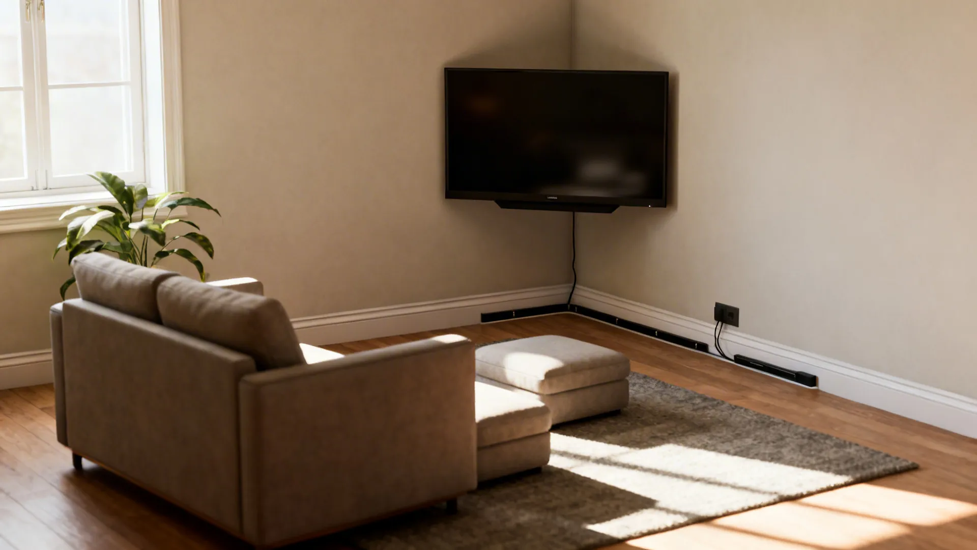 Small living room corner with a corner-mounted TV, angled sofa and low ottomans, showing clear circulation and tidy cables.