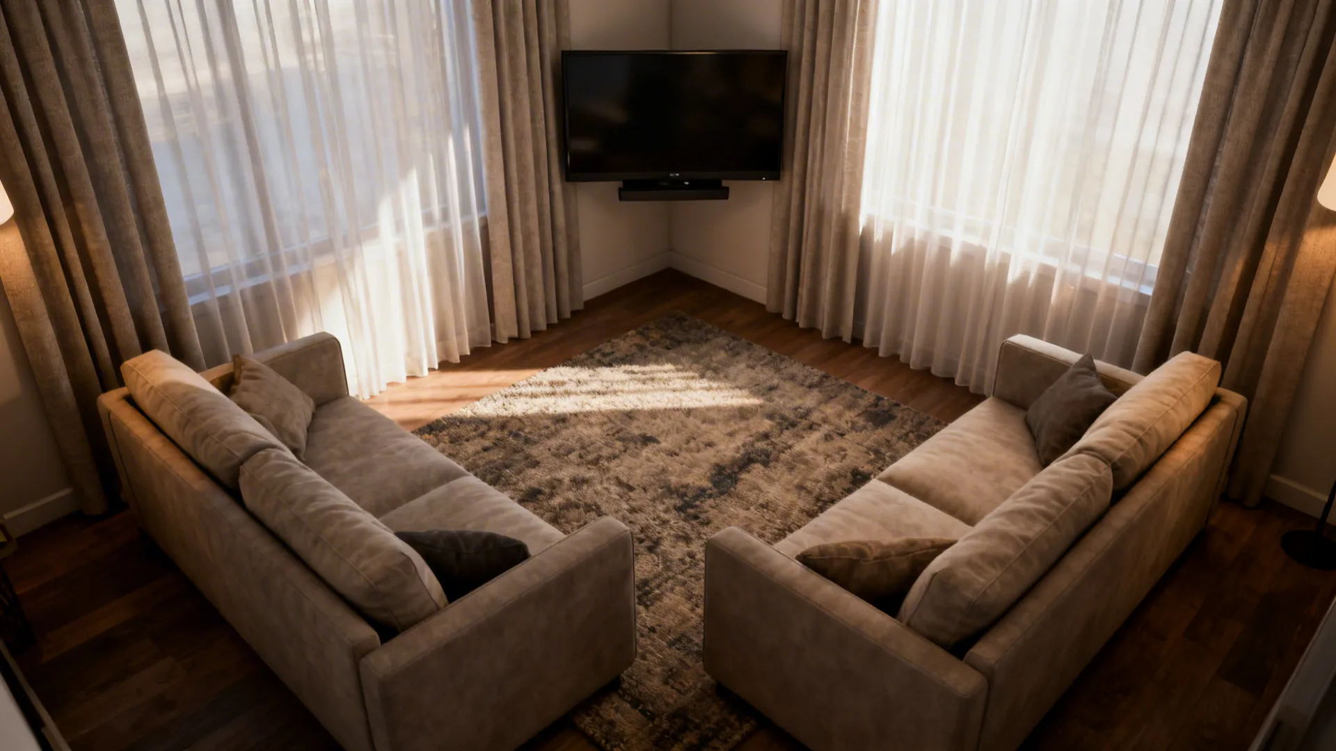 Corner-mounted TV with two loveseats angled into a V-shaped cluster for intimate seating