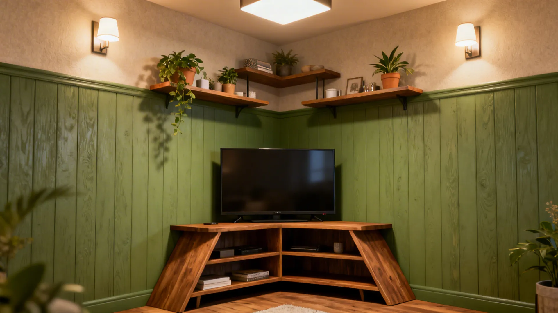 Corner TV stand with angled shelving and floating shelves for decor and storage.