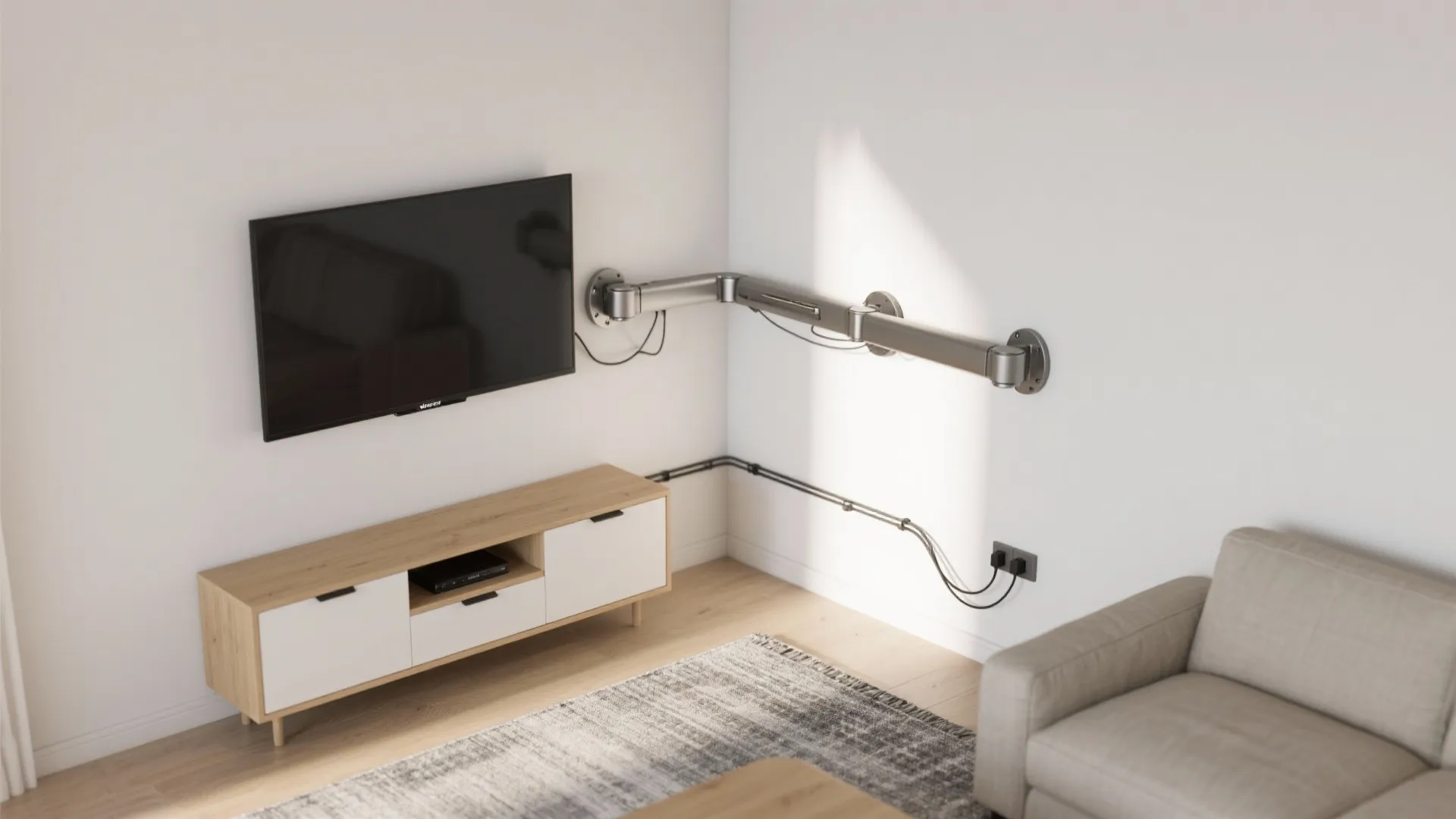 Interior design drawing showing a television mounted on a long metal arm in a corner