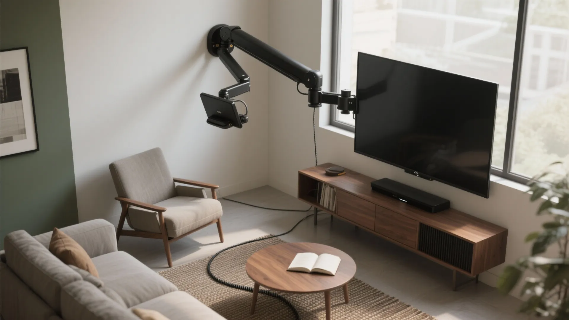 Modern living room featuring a wall mounted television on a long black flexible swivel arm