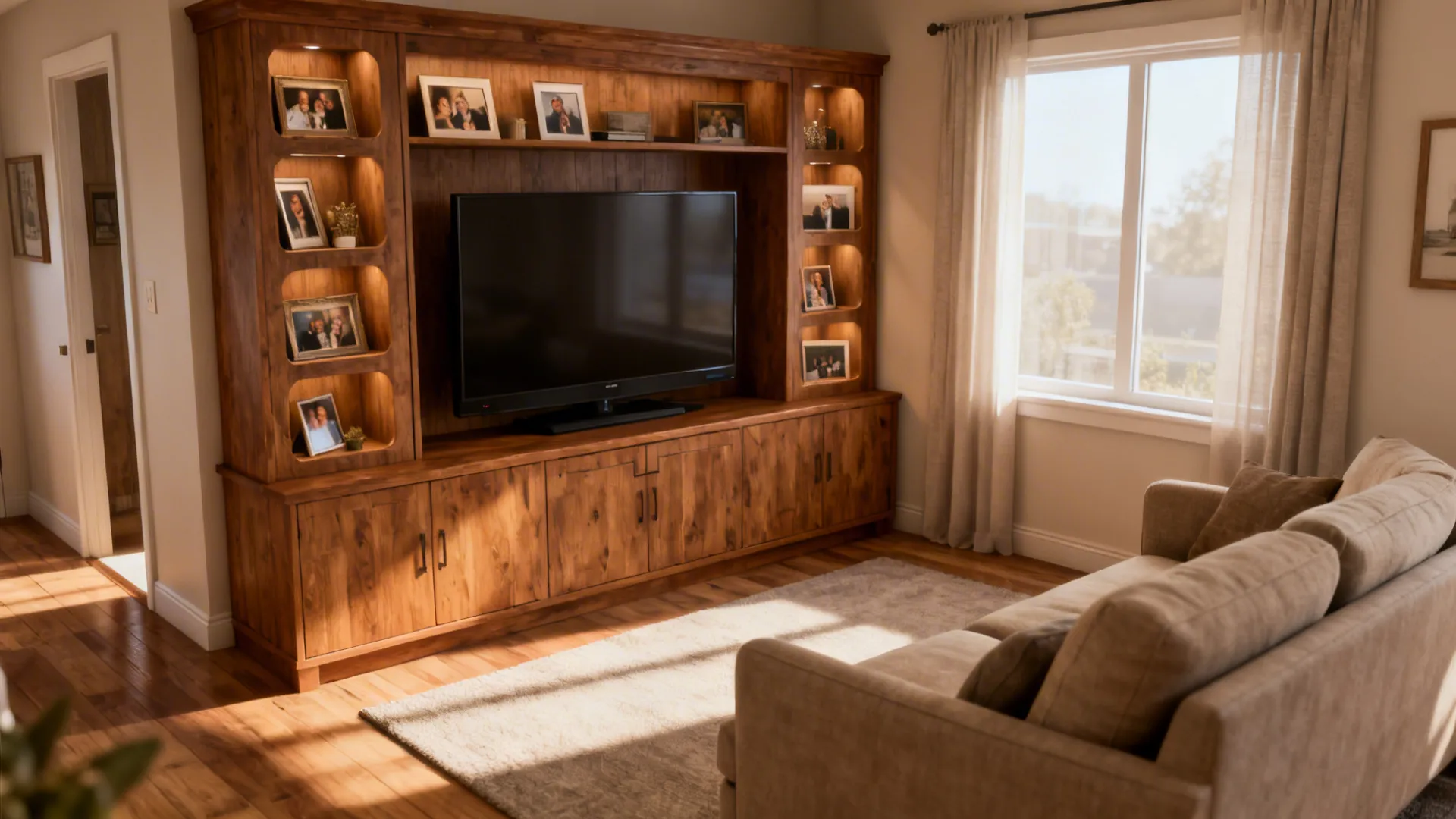 Corner TV cabinet with display nooks maximizing a small living room corner.