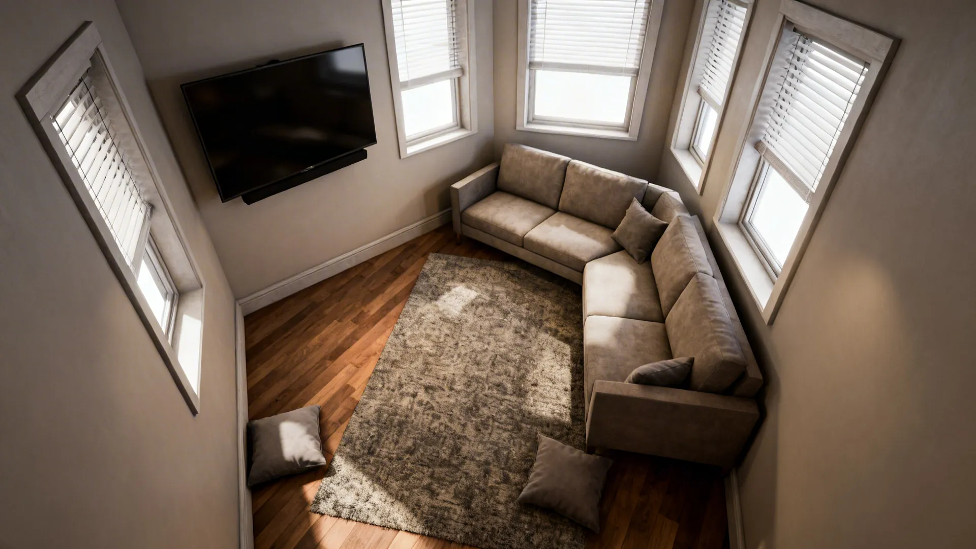 Compact living room with a corner-mounted TV and a diagonally oriented loveseat creating a cozy zone