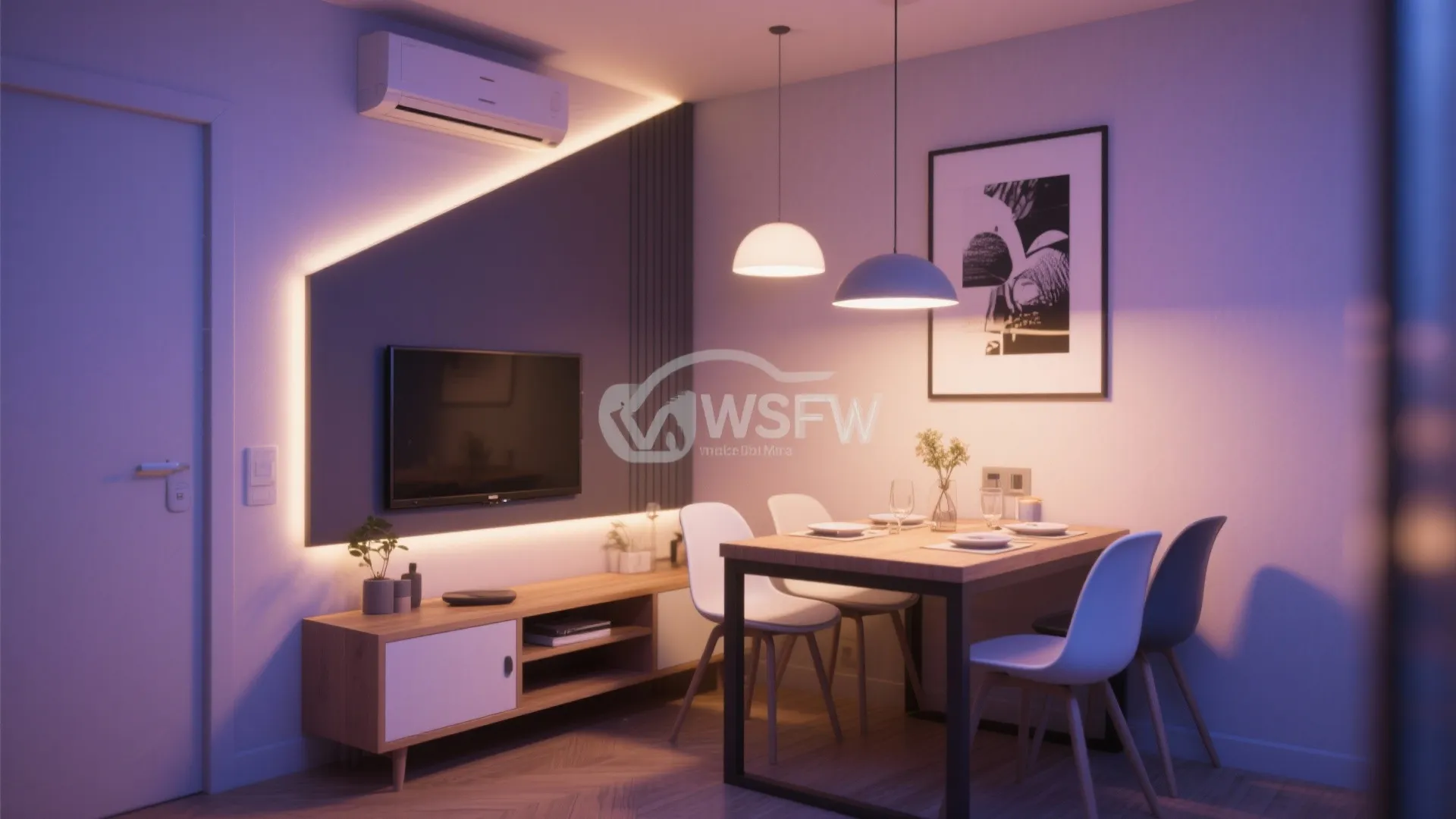 Dining room with TV placed in a corner for better space use