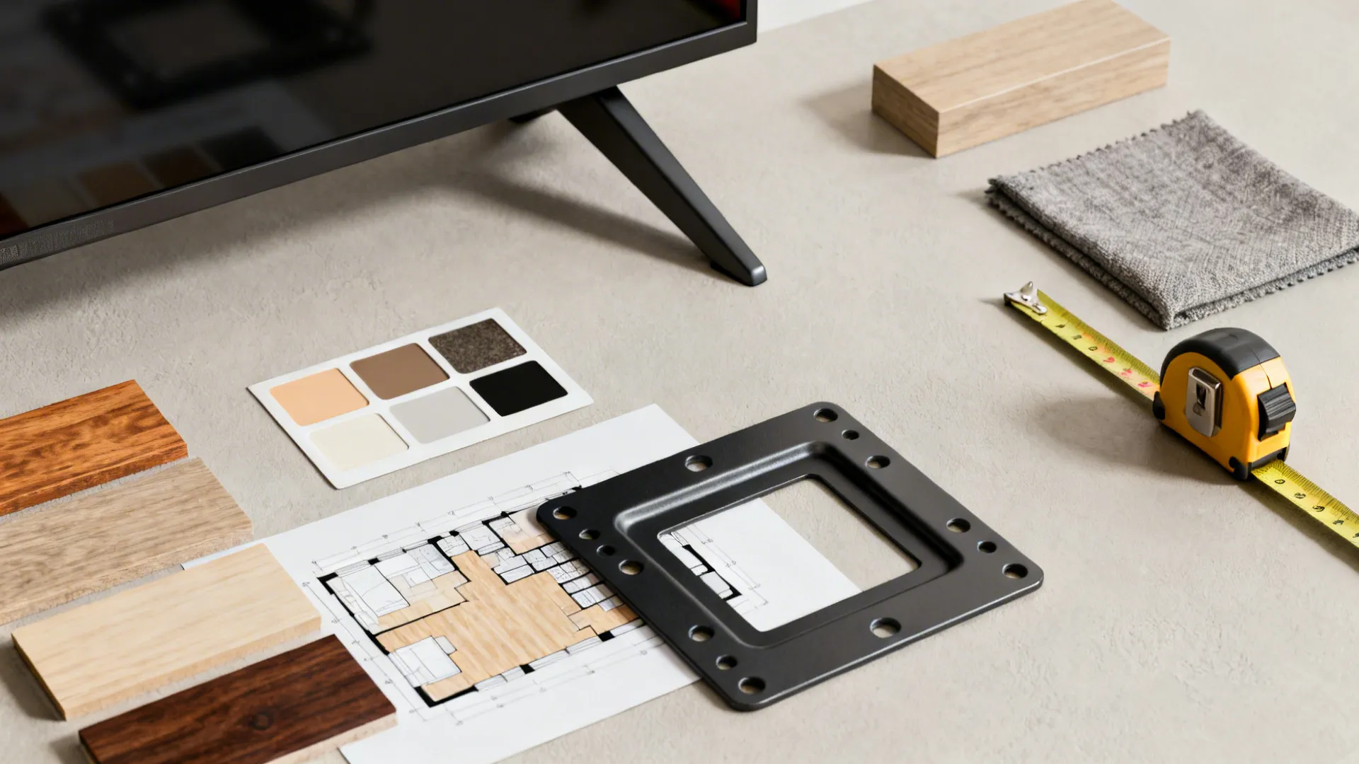 Flatlay of material samples, mount plate and a small floorplan for planning corner TV installations.