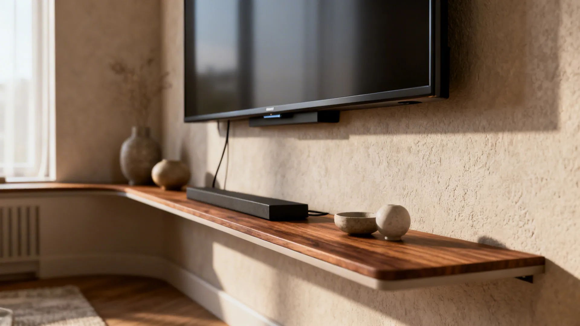 Wall mounted television above long wooden floating shelf with small decorative bowls and vases on top