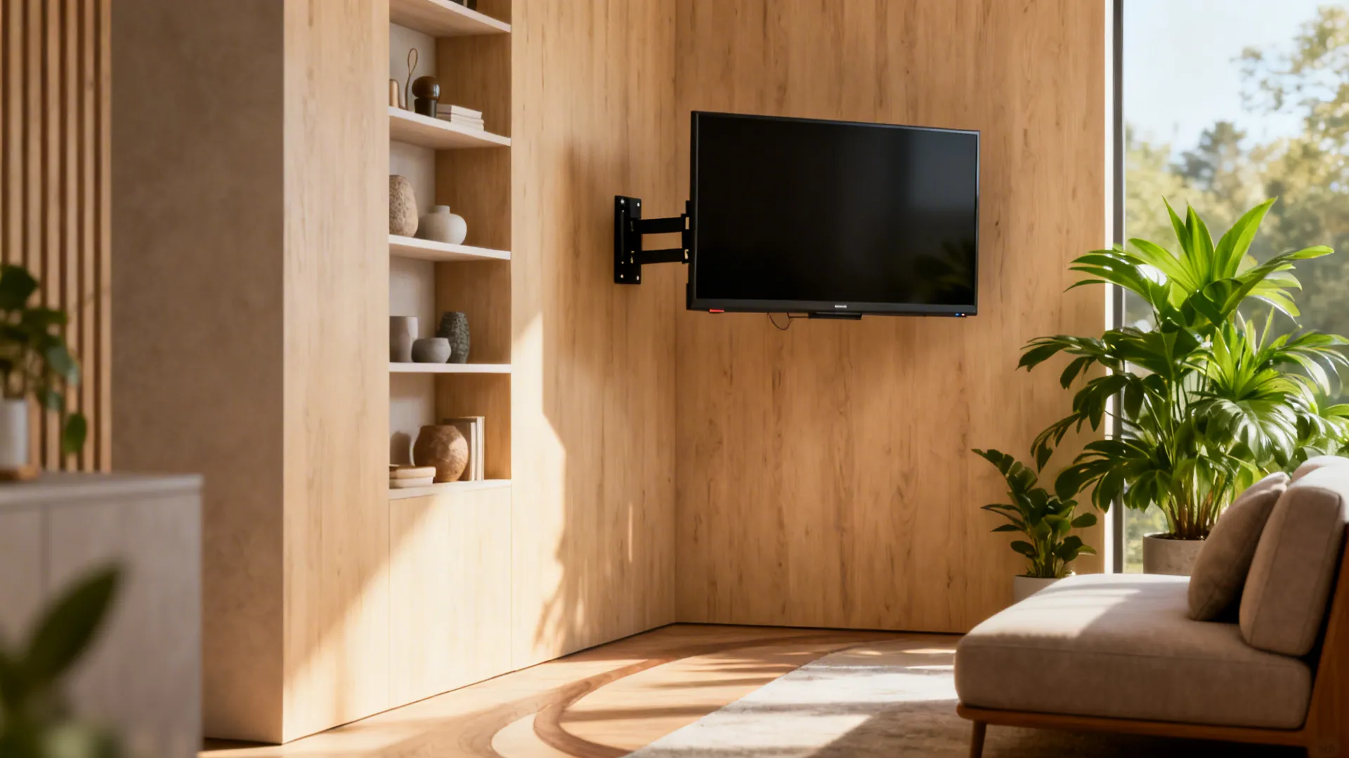 Corner-mounted TV with floating shelves and angled sofa in a small living room