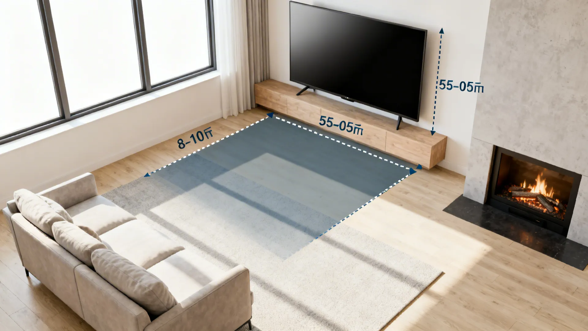 Interior living room design showing television viewing distance guidelines with sofa fireplace and large window light
