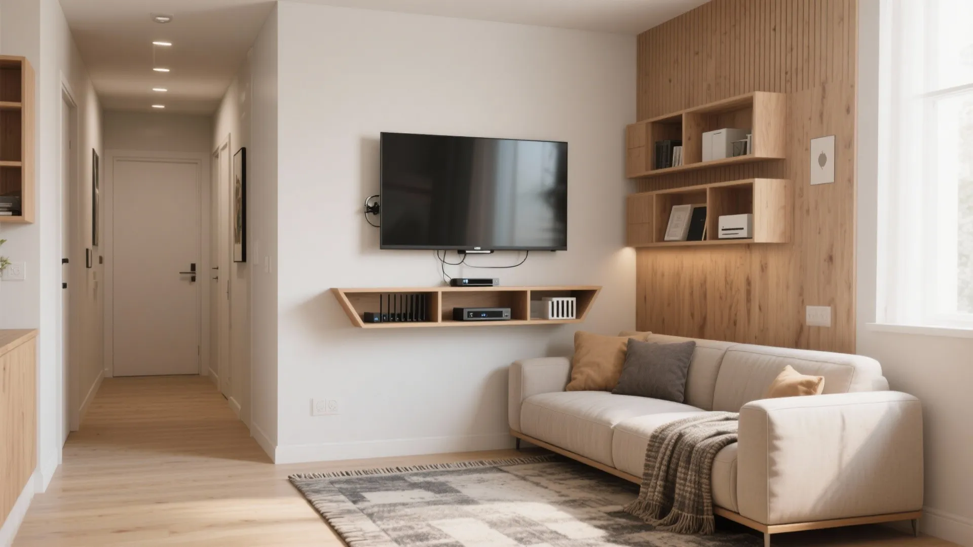 L-shaped micro living zone with corner TV