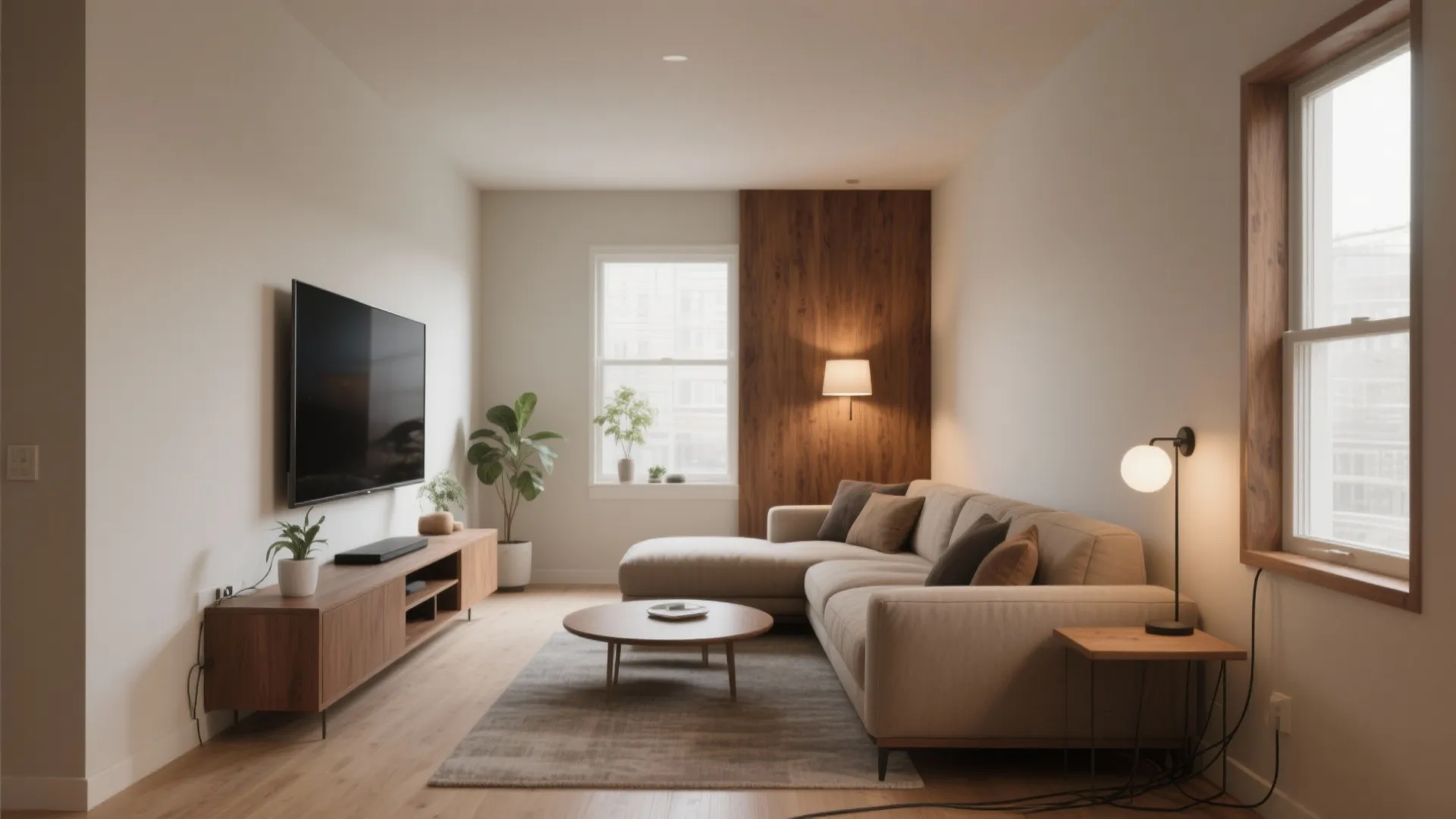 Modern living room with beige l-shaped sofa wooden coffee table television and natural window light