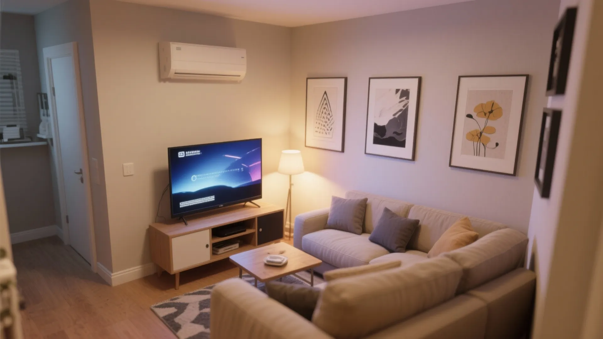 TV placed in corner of a small cozy living room