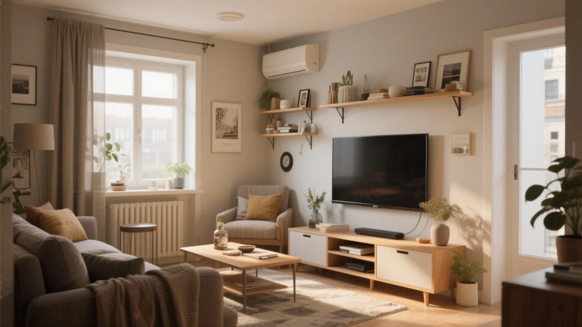 Corner-mounted TV in a small living room layout