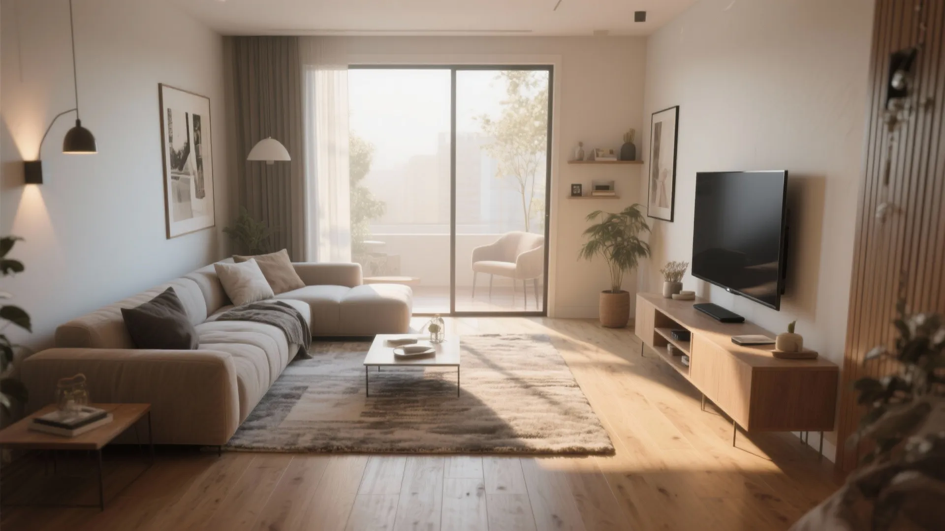 Bright living room with large sofa wooden cabinet television and sliding glass door to balcony area