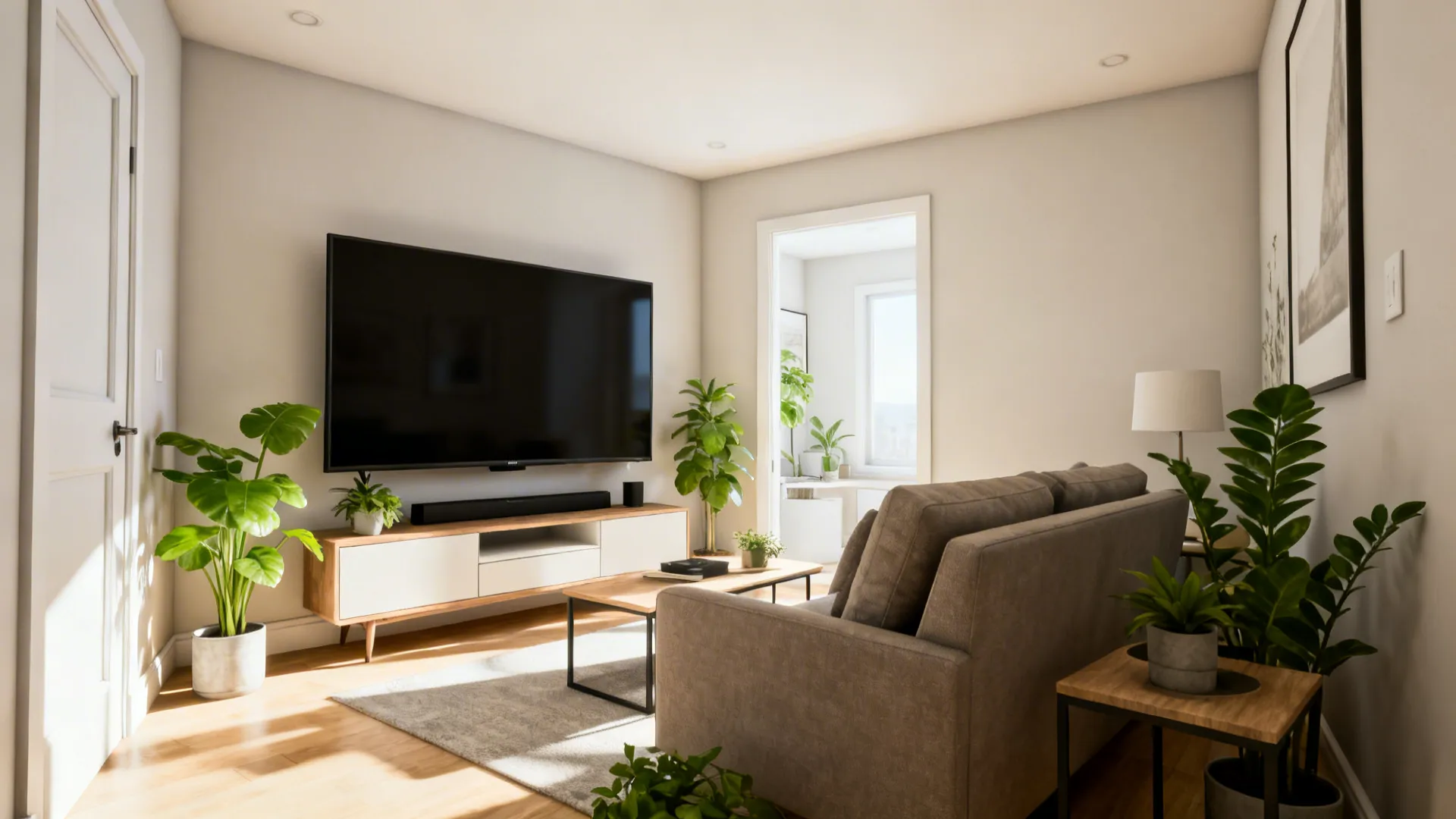 Compact living room with a 65-inch TV mounted in the corner and angled seating.
