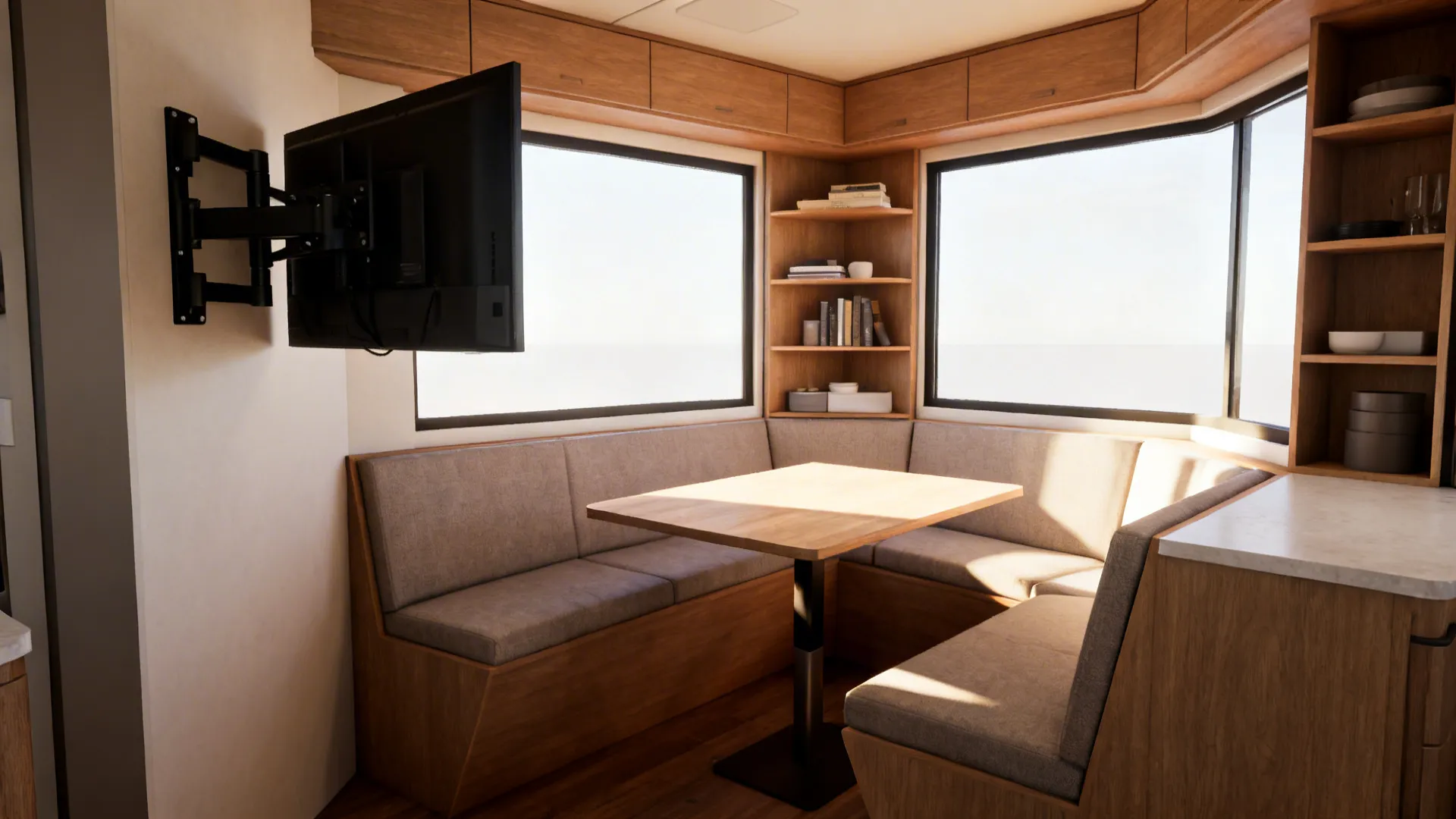 Corner-mounted TV with angled seating and custom corner storage in a small living/dining space.