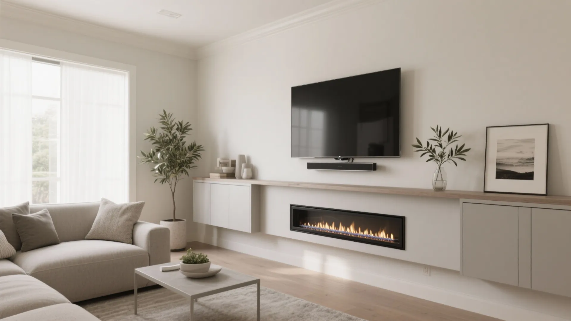 Idea 3: Corner TV with linear fireplace on the long wall
