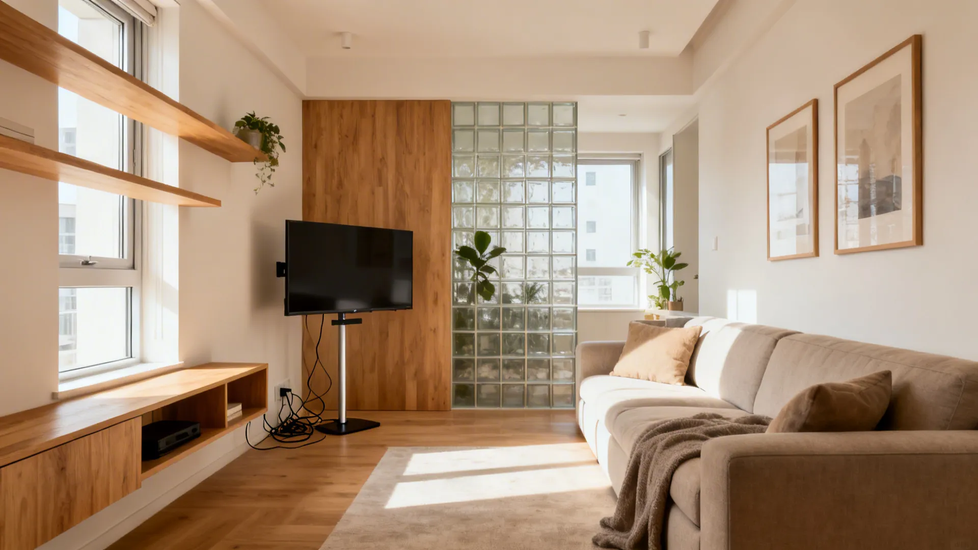 Bright living room featuring beige sofa television stand glass brick wall wooden shelves and windows