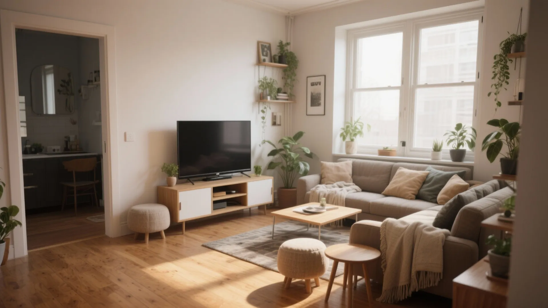 2. Create a cozy corner with an angled TV and a compact loveseat