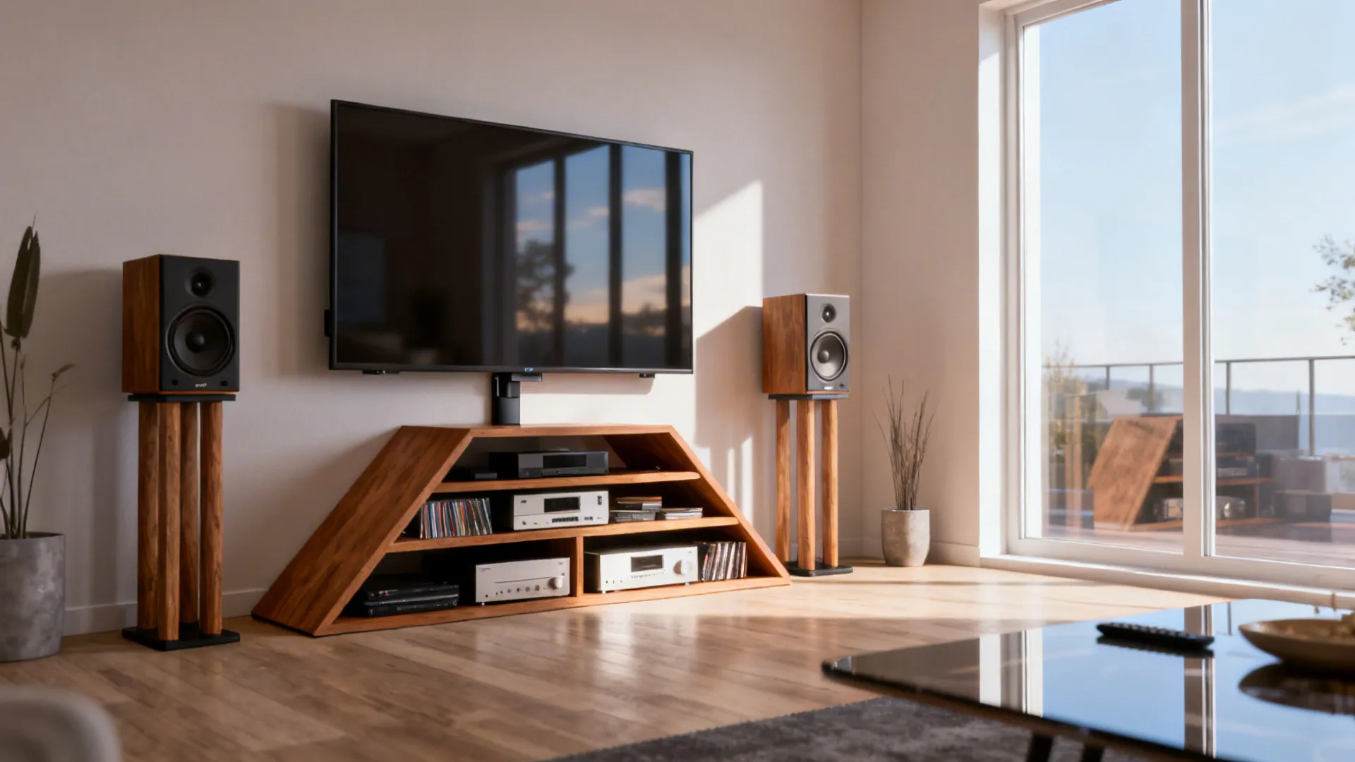 Corner-mounted TV on a triangular media unit angled to reduce glare and balance sightlines.