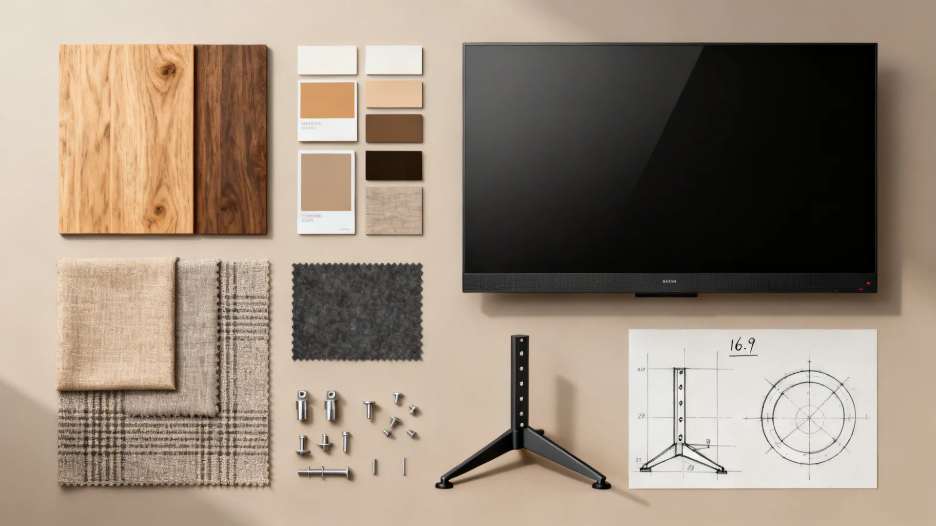 Flatlay moodboard of materials and hardware samples for corner TV solutions, including wood swatches and paint chips.