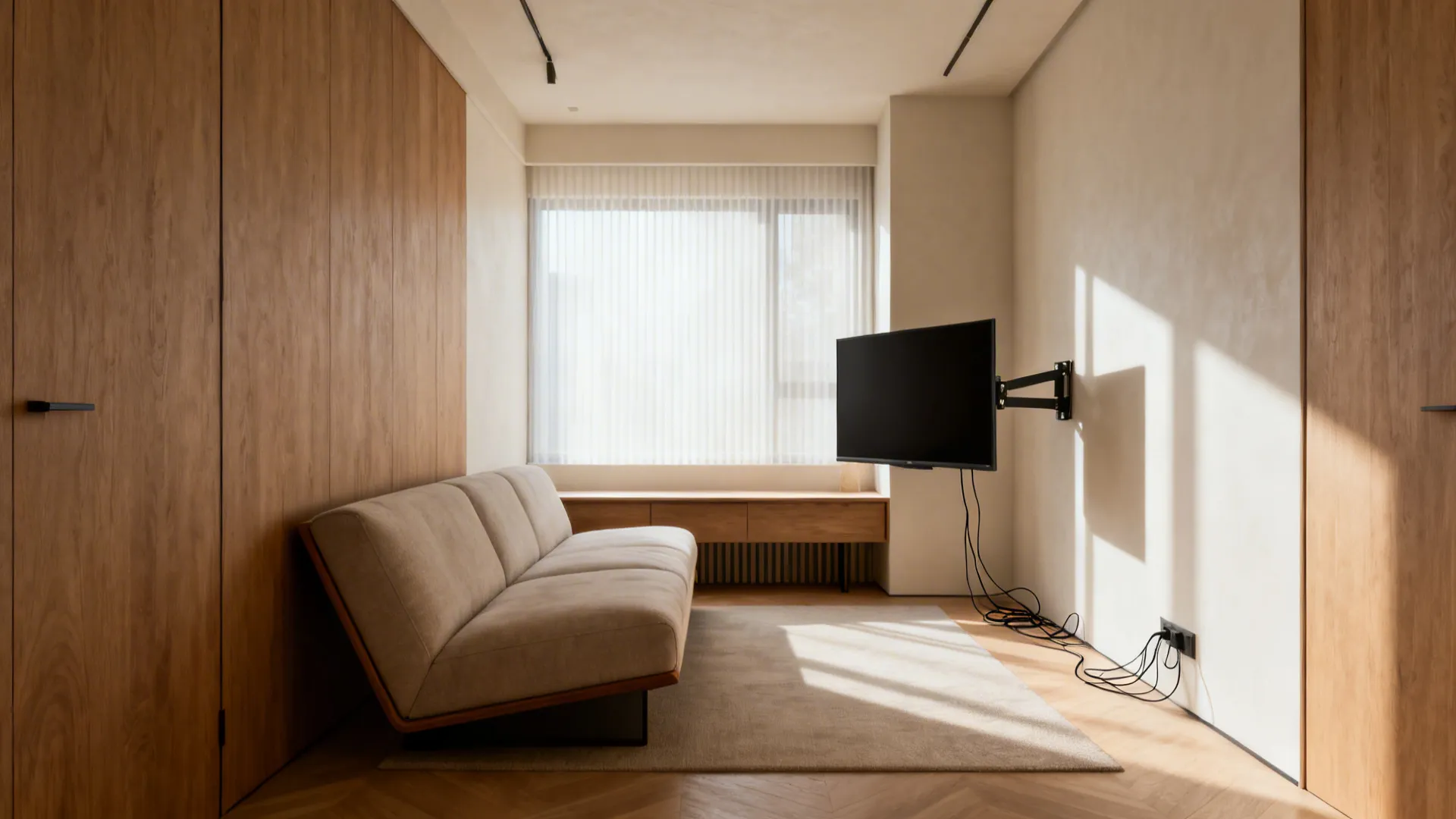 TV mounted in a corner on an articulating arm with angled seating in a narrow living room.