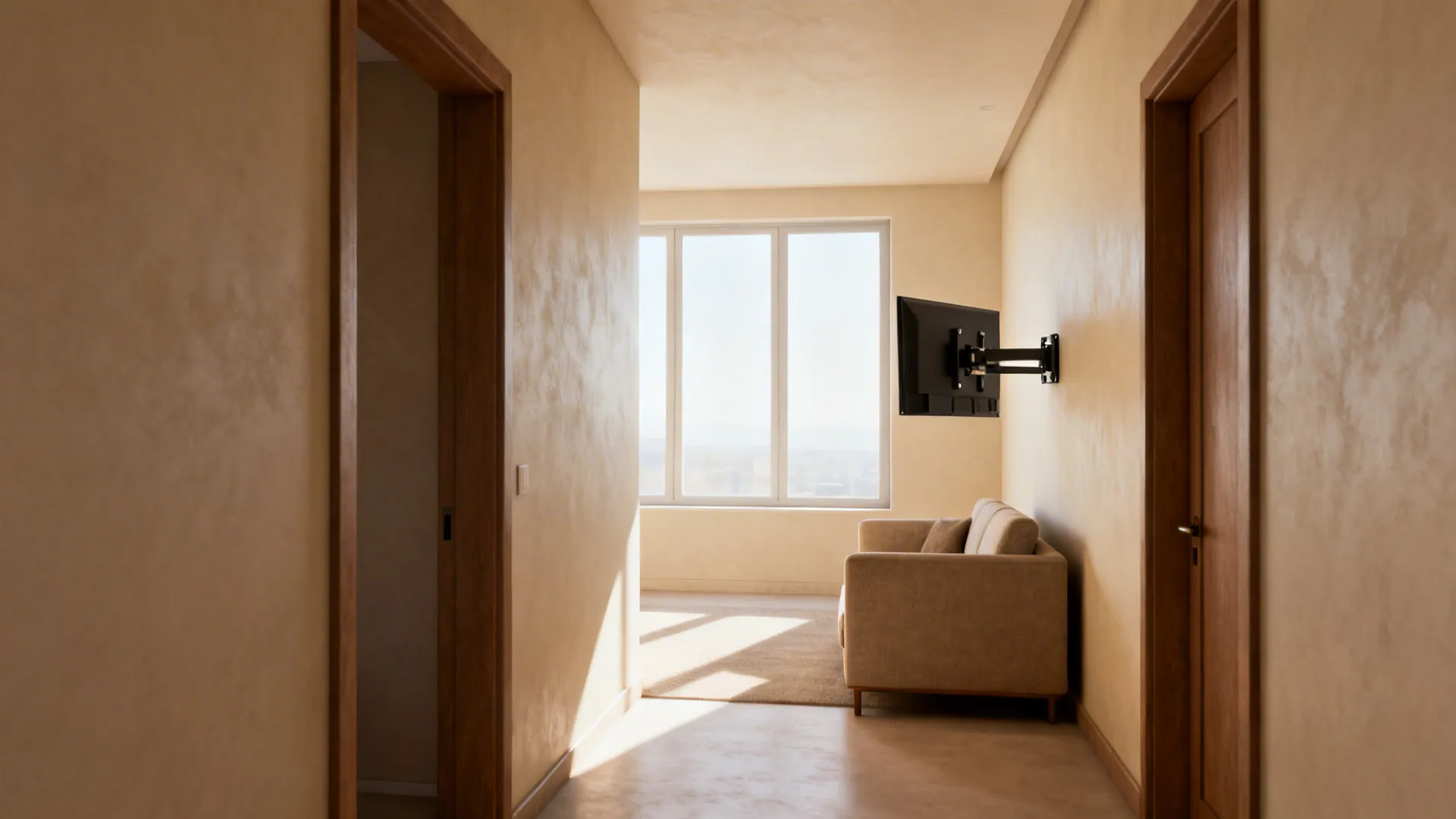Modern living room featuring a wall mounted television on a swivel bracket near a beige sofa