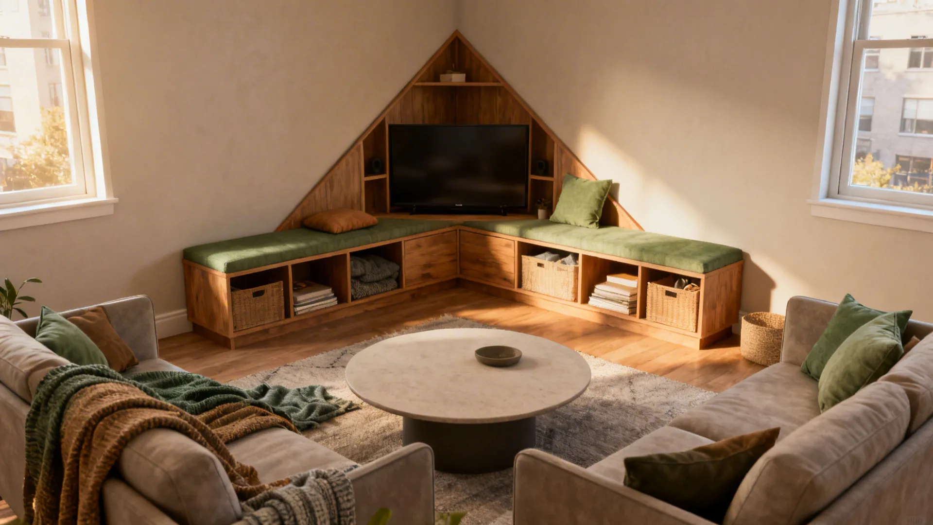 Corner TV setup with triangular cabinet and multifunctional bench seating