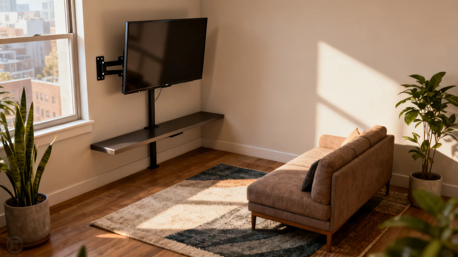 Corner TV nook with angled mount and a small loveseat in a compact living room