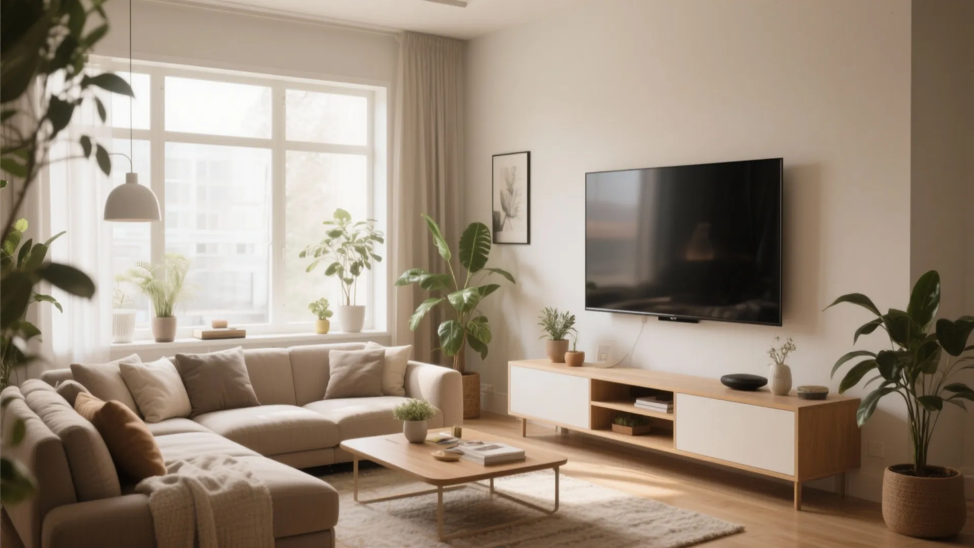 Cozy living room setup with beige corner sofa wooden coffee table television and many indoor plants
