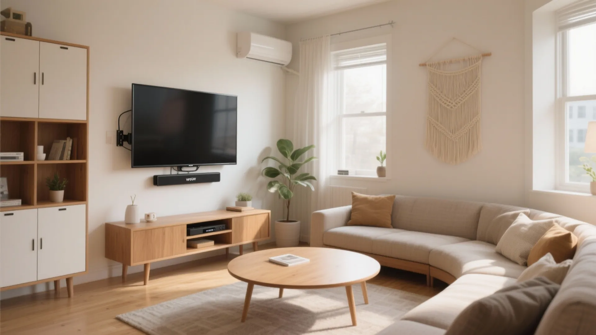 Corner TV with round dining table