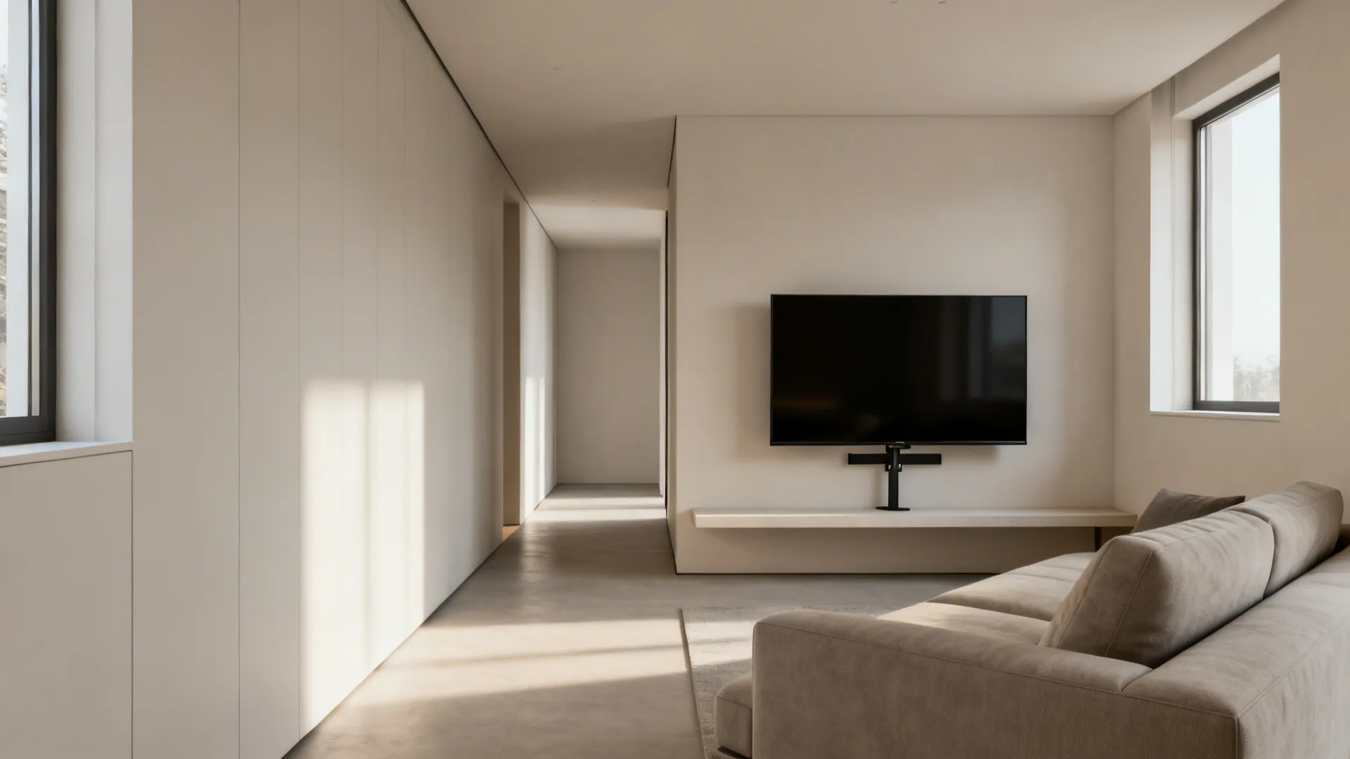 Narrow living room with a 55-inch TV in the corner on a swivel mount and angled seating to maximize space.