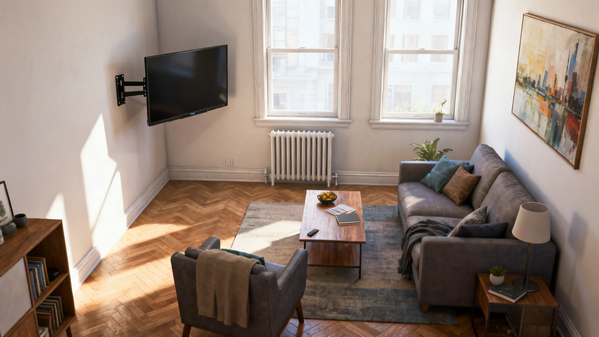 Corner-mounted TV with swivel arm and seating flow in small studio