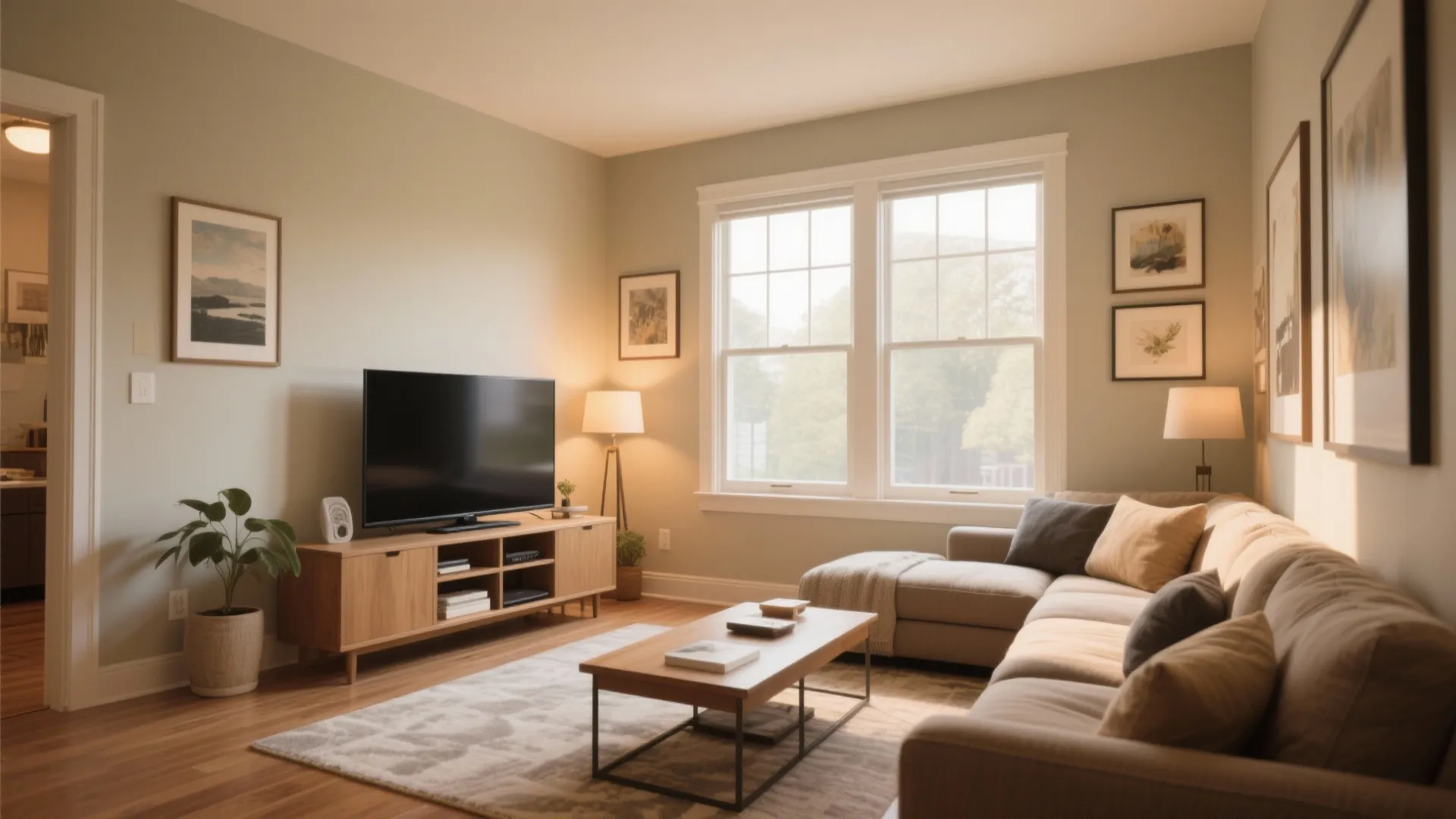 Cozy living room featuring a television on a wooden cabinet with a large corner sofa