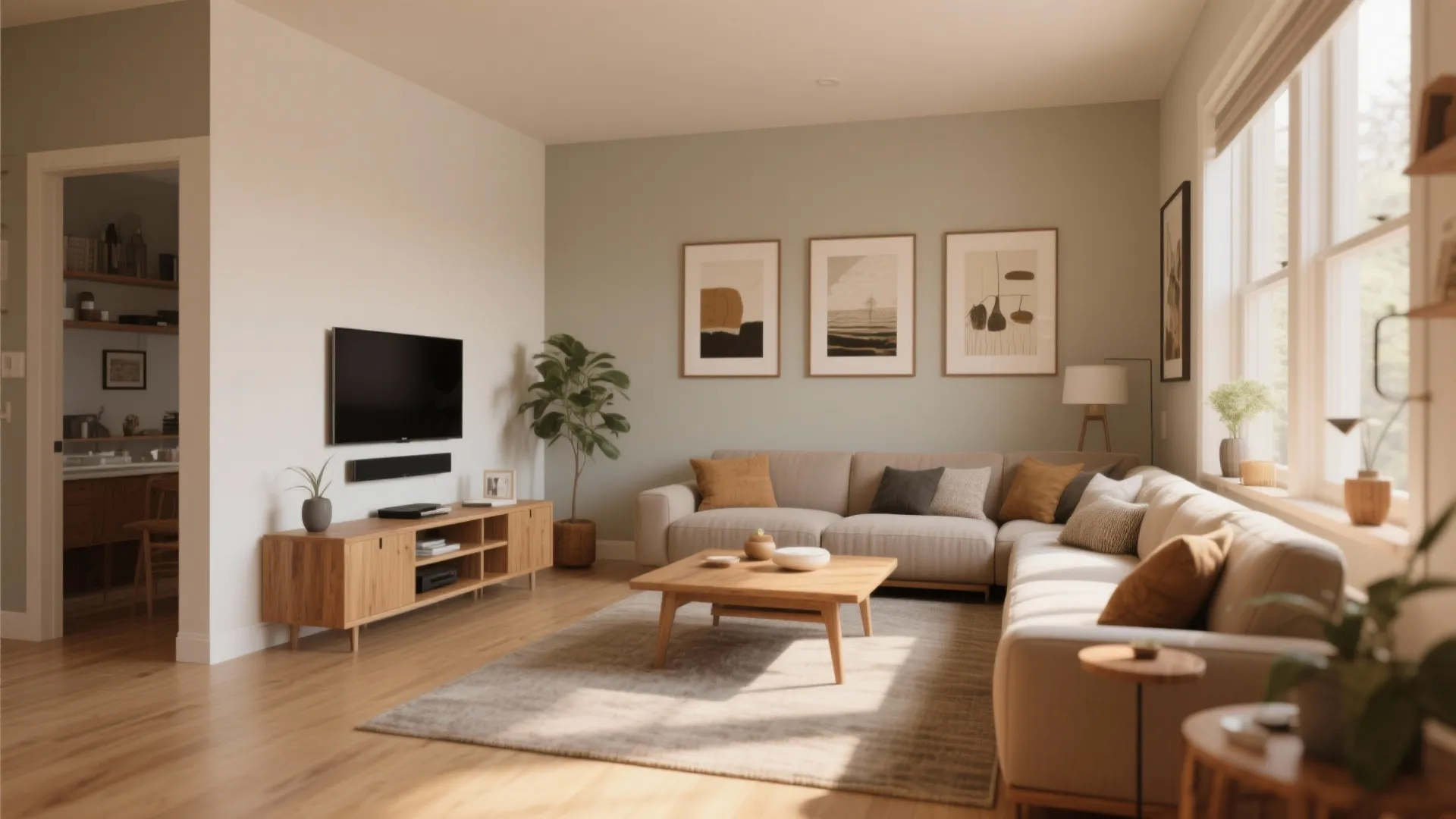 Bright living room with light green walls wooden floor beige sofa and a wall-mounted television