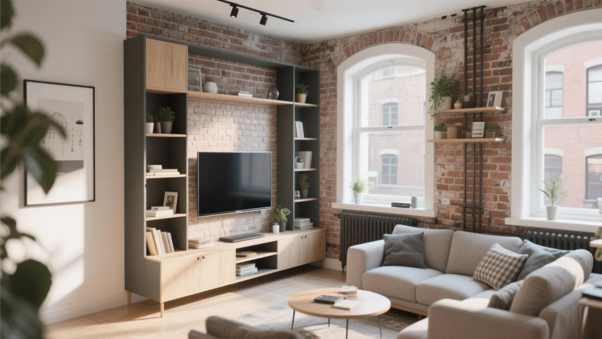 Corner TV setup in a cozy modern loft living room