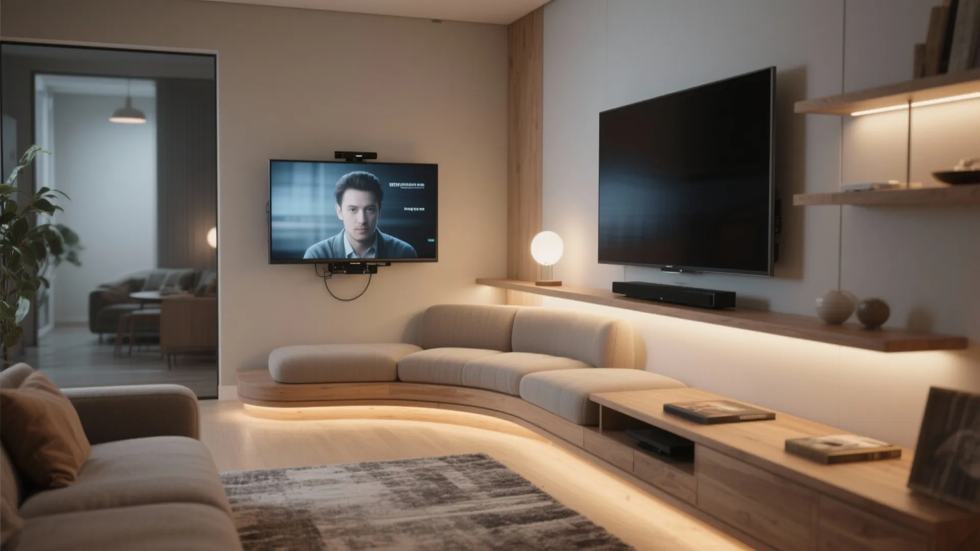 Modern living room featuring a curved sofa, wall mounted television, wooden shelves, and warm lighting