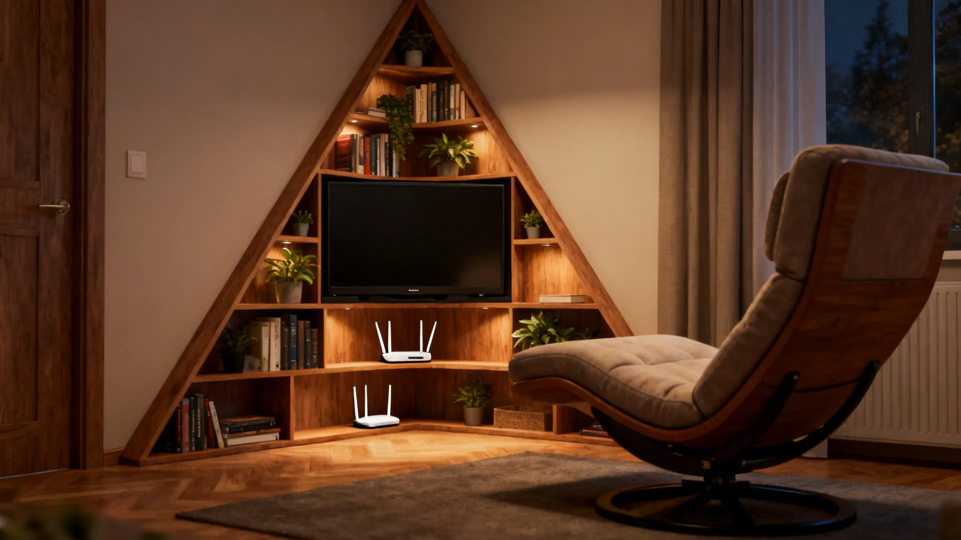 Corner TV unit with triangular shelving holding books and plants and an angled loveseat