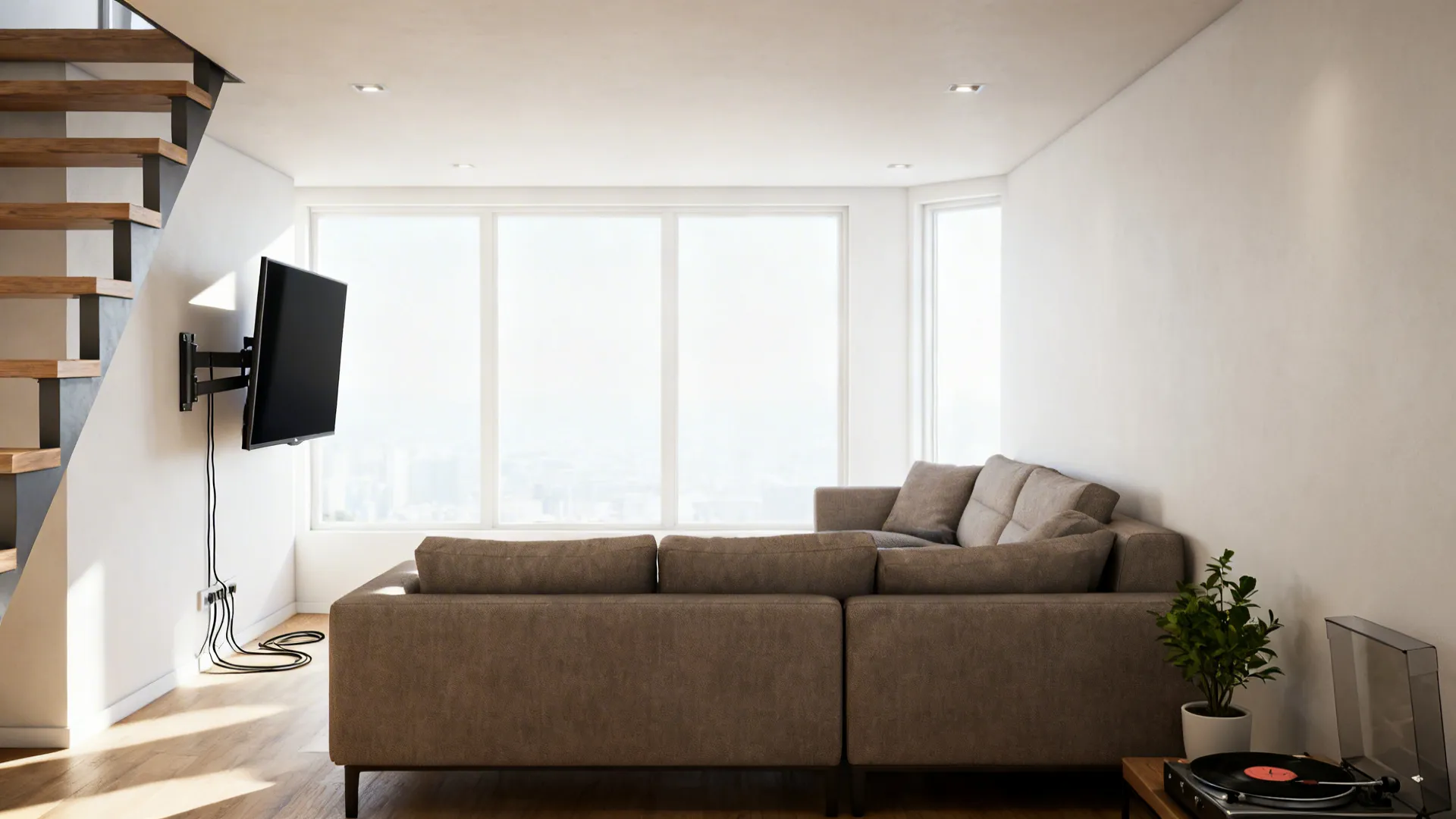 Corner-mounted TV with L-shaped sofa and angled sightlines in a small living area