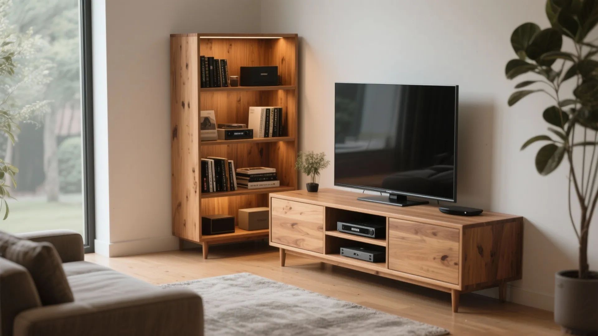 Wooden TV cabinet and matching tall bookshelf with built-in lights in a minimalist style living room