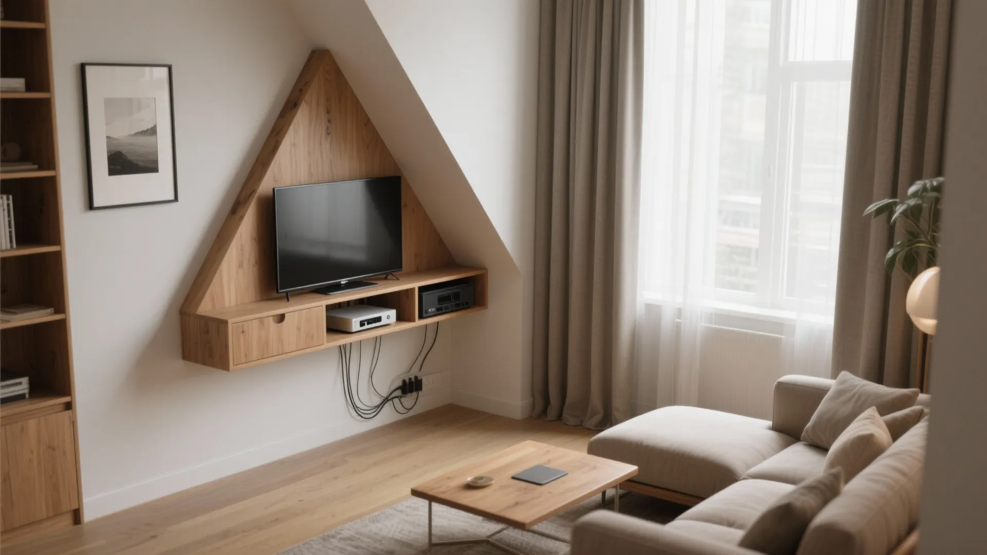 Modern living room featuring a triangular wooden wall shelf with television and beige fabric sofa