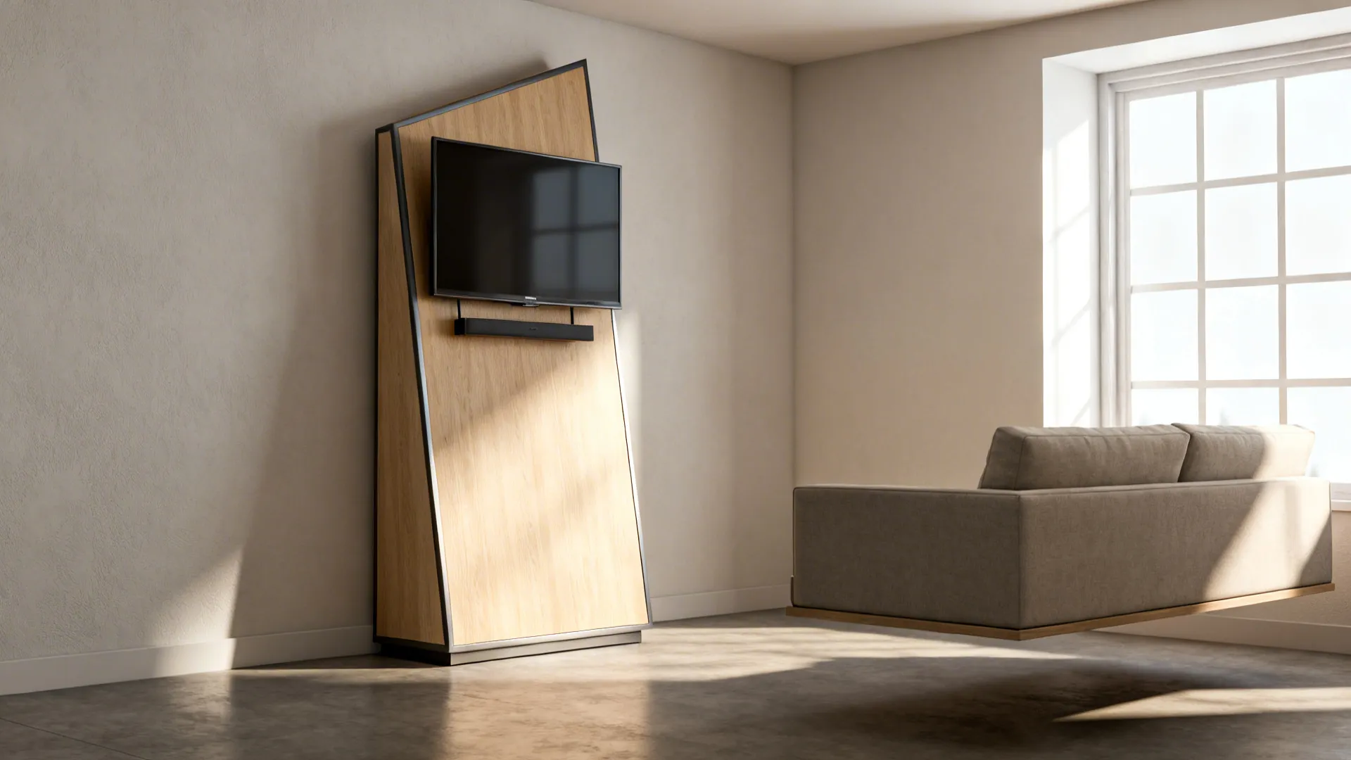 Triangular corner tall TV stand in a studio apartment with floating sofa and clear circulation.