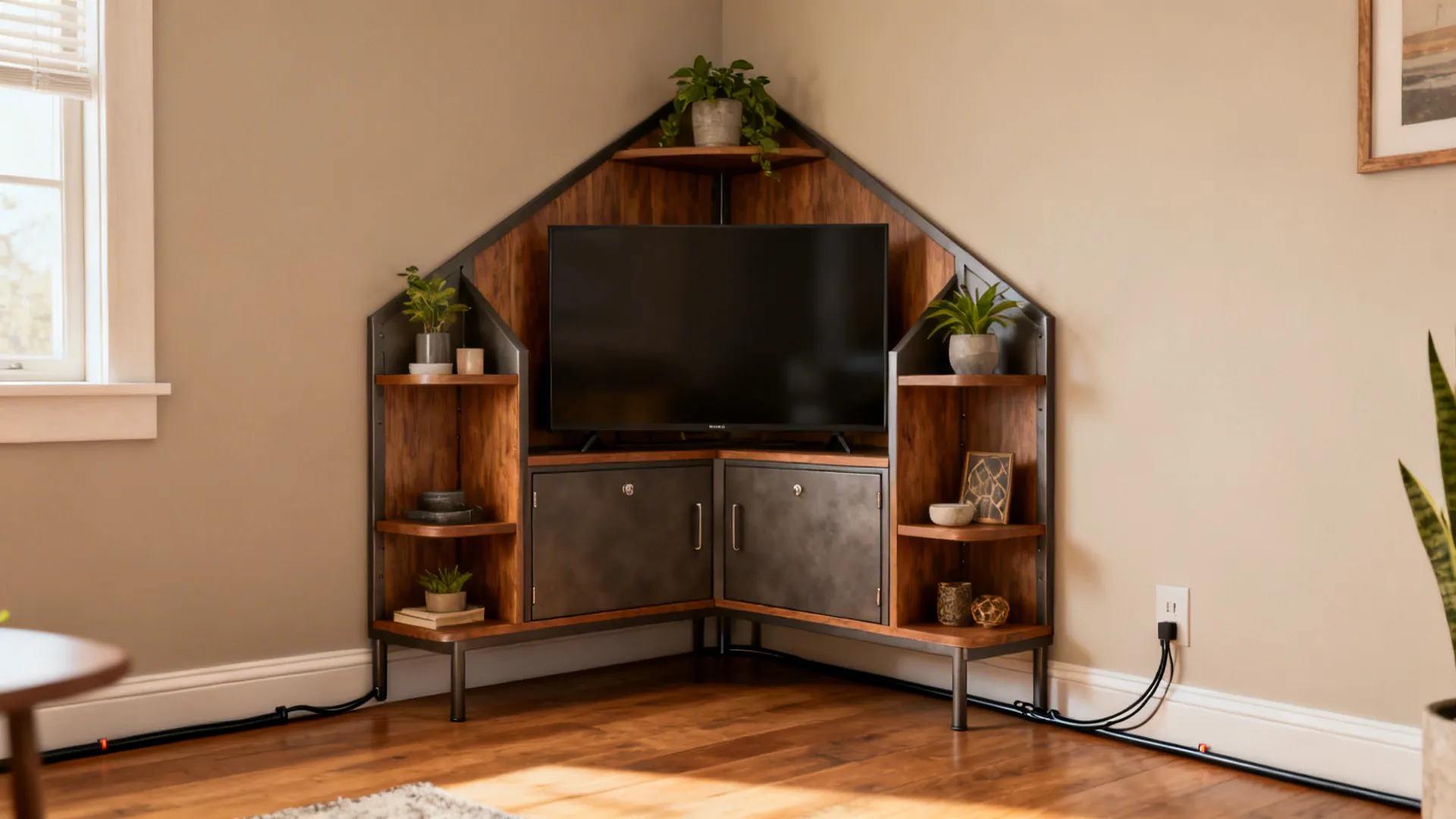 Triangular corner TV stand with open shelves for plants and closed cabinets for electronics.