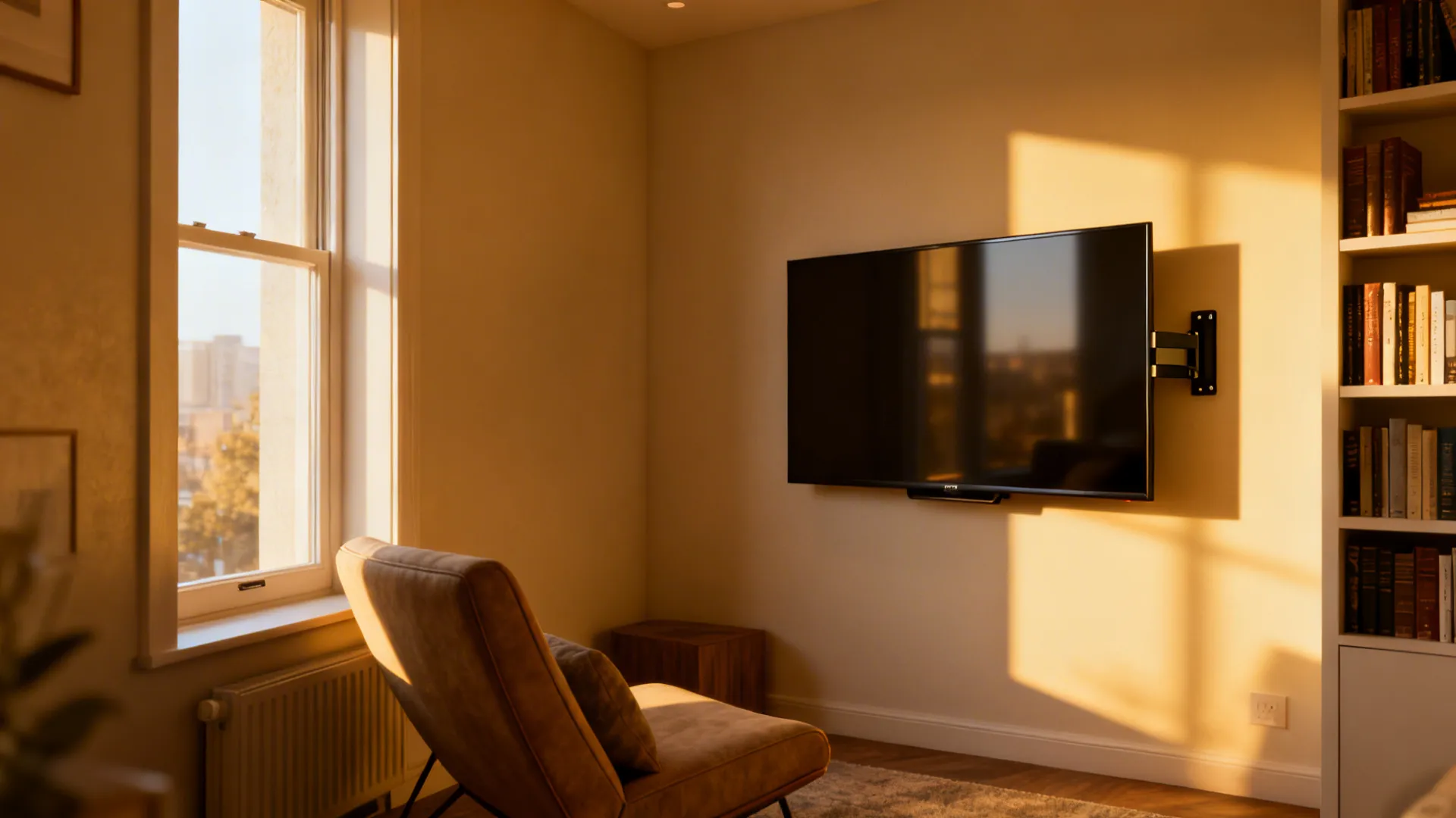 Small living room with a 55 inch TV mounted in the corner on a swivel mount and angled seating